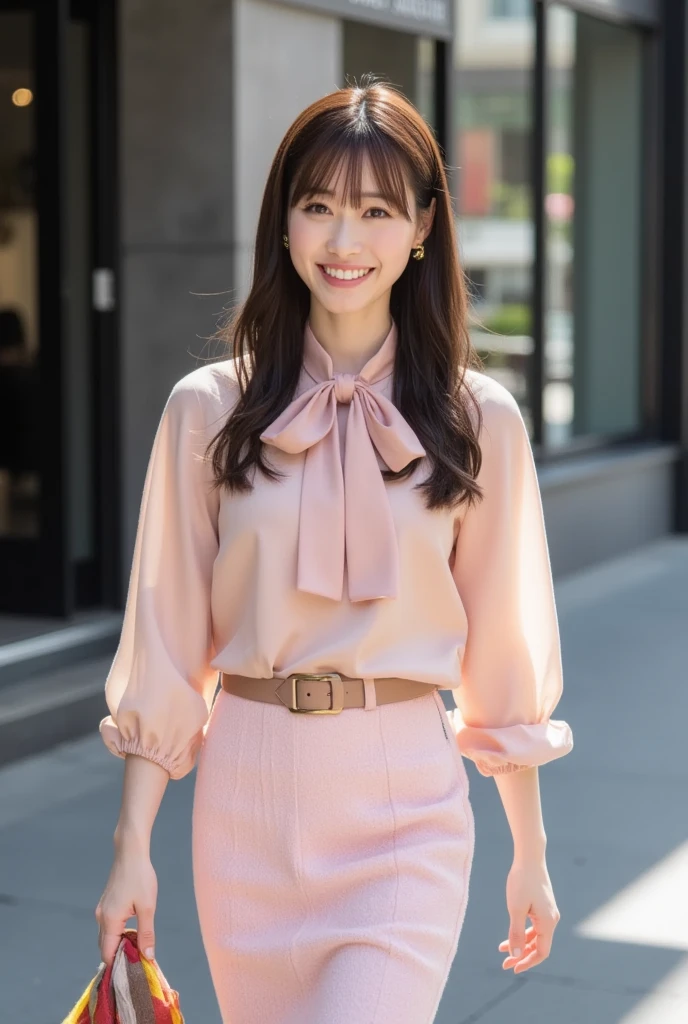 (A big smile、Squint your eyes and laugh)、(Realistic、Like a photograph、Live Action、8k, Realistic, RAW Photos, Best image quality: 1.4), Single-lens reflex camera、RAW Photos, Highest quality, Realistic, Highly detailed CG Unity 8k wallpaper, Written boundary depth, Cinematic Light, Lens flare, Ray Tracing, Realistic background、A landmine girl waiting for someone、((Wearing a white blouse:1.4)、((wear a frilly skirt:1.1)、Small breasts))、((Ultra-Dense Skin))、 1 person、standing front of train station, Waiting for someone while looking at a smartphone、The whole body is visible:1.5、(Long hair with pink inner color:1.2、My hair is blowing in the wind)、stylish ambiance、The perfect outfit、(White skin)、Precise and beautiful legs:1.1、View from below、Highly detailed face、Anatomically correct body、Accurate fingering