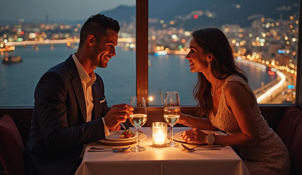Beautiful 24-year-old black-haired girl with blue eyes next to her, accompanied by a black-haired, black-eyed Caucasian boy, he is attractive and handsome. The two are in an elegant and refined manner. They are on a yacht sitting around a table drinking champagne and celebrating. It is night, behind her there is a group of saxophonists, creating an atmosphere of a warm and elegant relaxing restaurant, photorealistic, high quality, 4k, 8k, masterpiece, vivid and ultra-detailed colors, HDR, studio lighting, sharp focus, physical representation , professional portrait