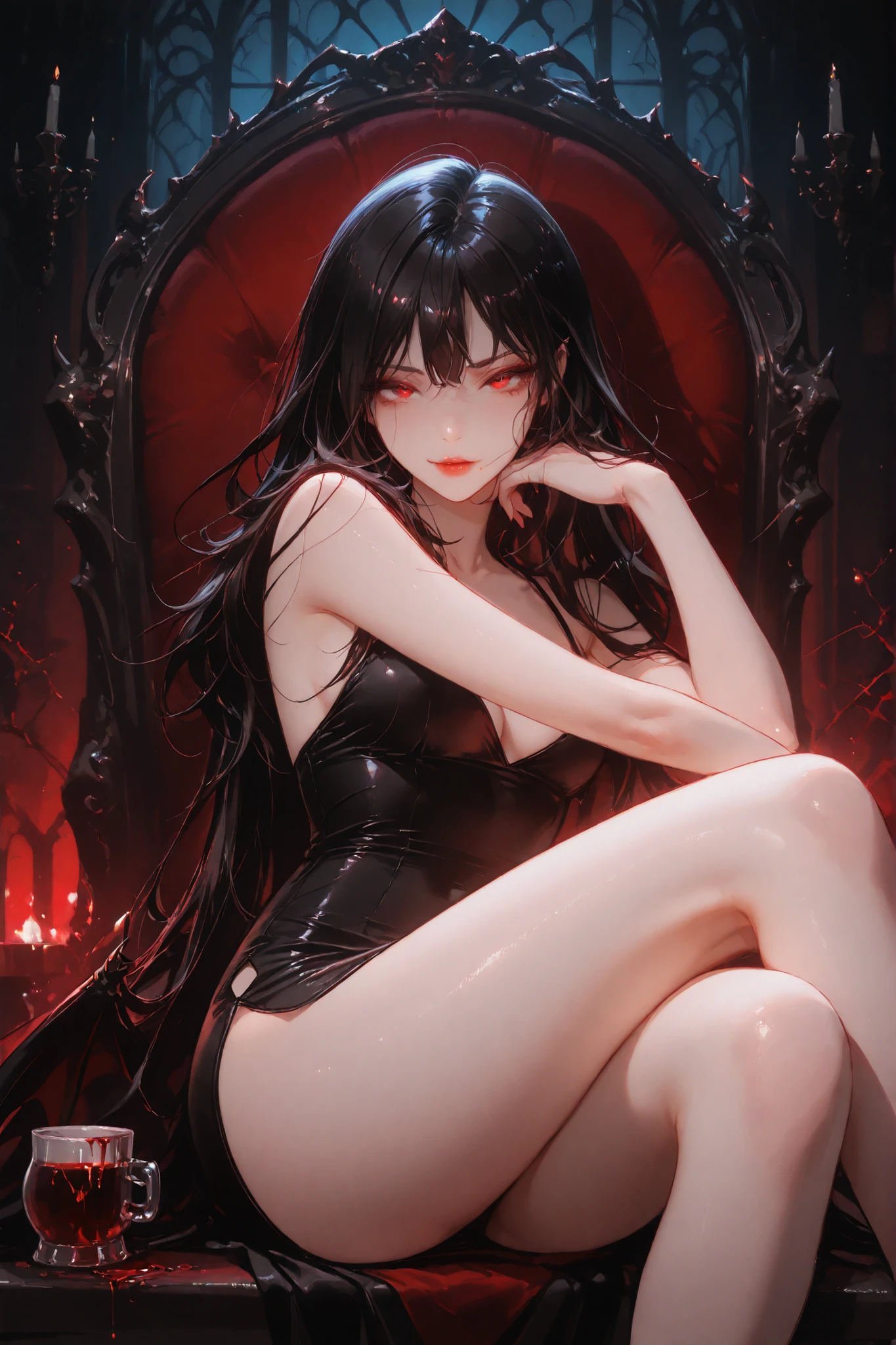 A vampire, with a beautiful face, black hair and red eyes, with a very sexy body , And a tight dress, centered with the legs crossed, with a blood cup, with a seductive look