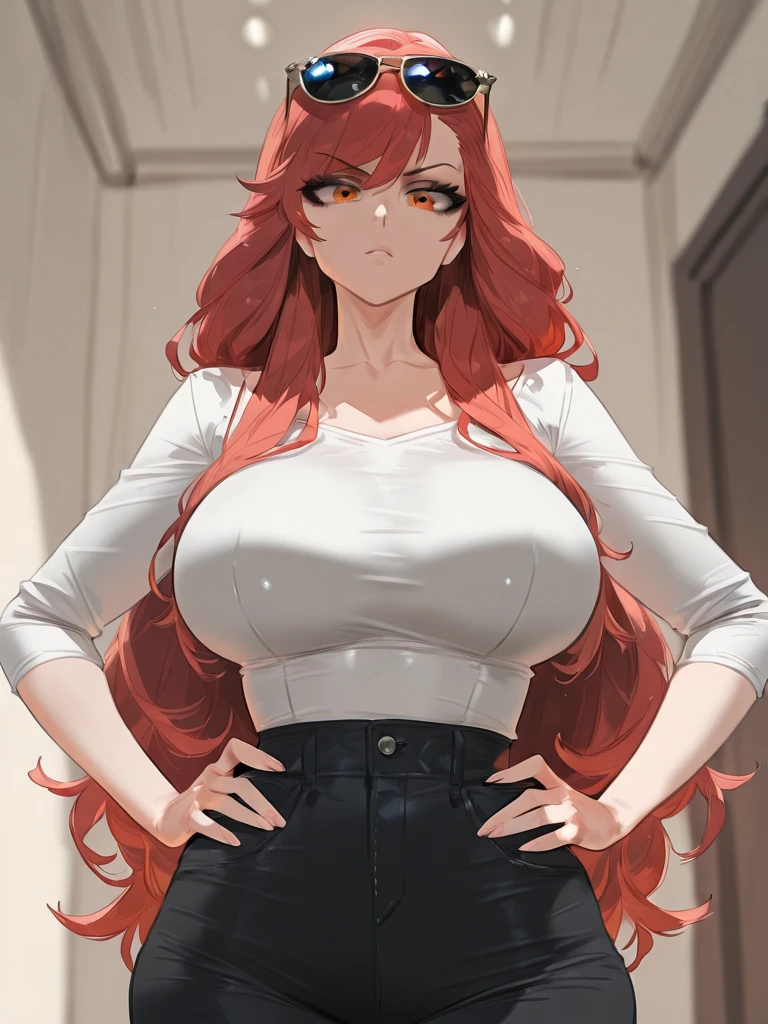 "1girl with red hair, big breasts, and dark blue eyes, resembling Uzumaki Kushina, wearing a stylish black shoulderless dress and hair clips."