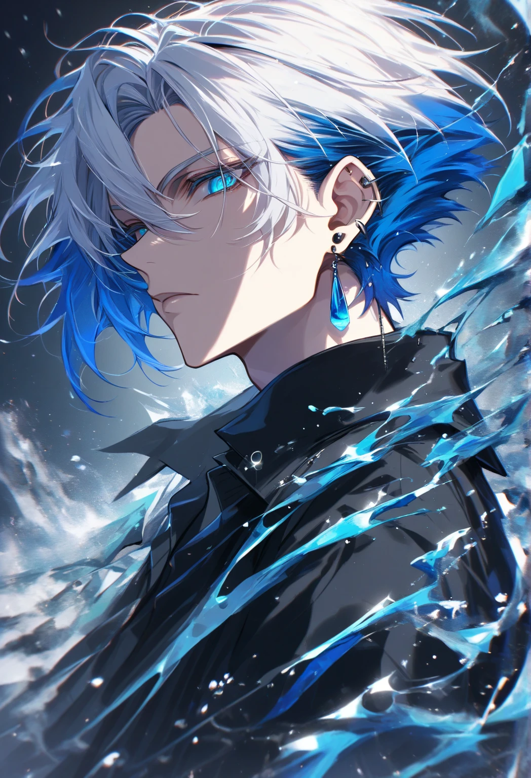 photography of a sexy man, a solo man, (((man))), (male face), 40 years, daemon, The Bad Guy, (Blue eyes), expressive look, blue hair, white bangs, black lips, (((piercing))), (ear piercing), (Gothic style), Japanese style, ((((visual))), (((dark background))), shiny hair, unshaven, black clothes, long-sleeved jacket, super detailed face, Perfect body, perfect shapes, realistic image, photo, award winning, 8 k, (((Perfect shiny eyes)))