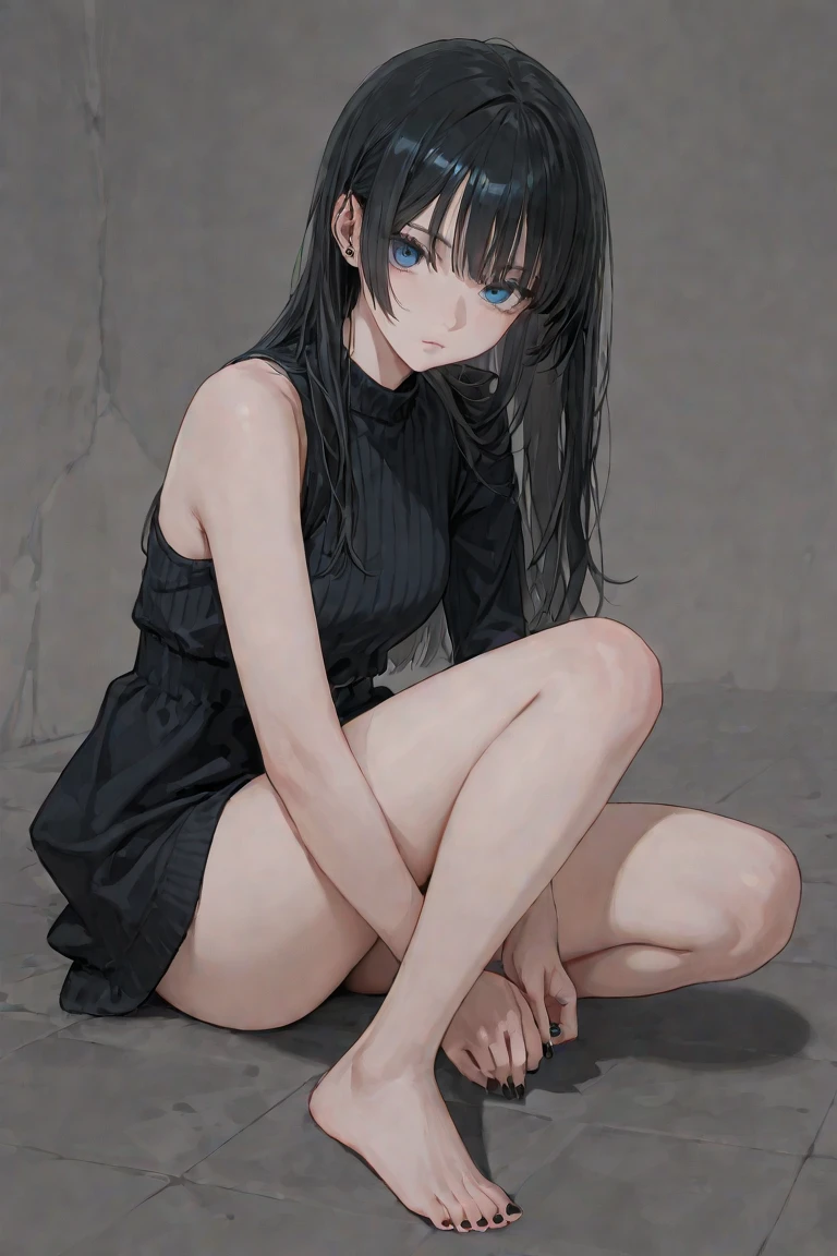 Woflcut short black hair, blue eyes, bunny girl outfit, full body potrait. Sitting
