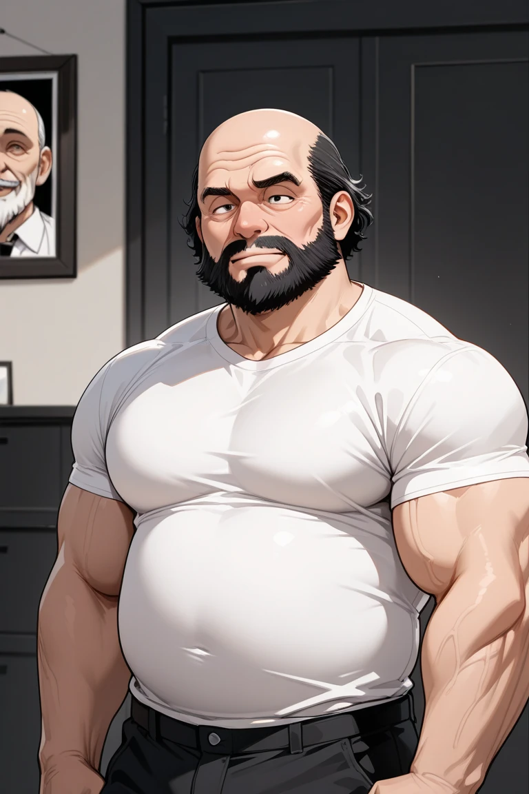 Middle-aged man, detailed face, gray hair, seductive look, mustache, masculine face, muscular body, prominent veins. He is wearing very tight sports pants showing his muscles, a big bulge, a wet white tank top.