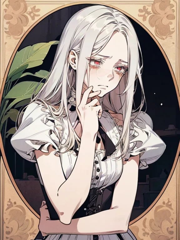 masterpiece, high quality, <lora:Alice_Human:1> 1girl, solo, THG-Alice, white hair, white dress, upper body,  <lora:V:0.8> hand to own mouth, indoors, dutch angle