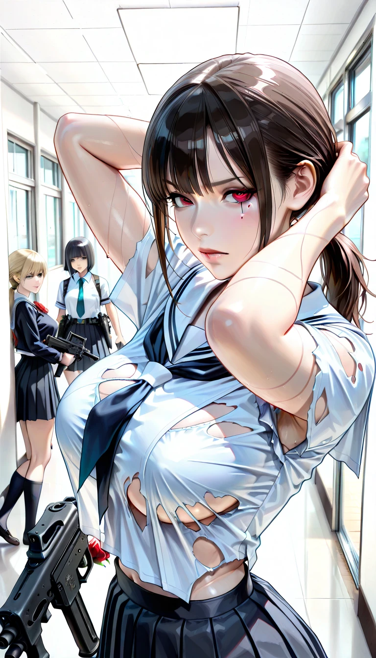 (((masterpiece, Highest quality, High resolution, 超High resolution, Perfect Pixel, Depth of written boundary, 4K, RTTX 10.0))), Beautiful Anime Woman, Beautiful art style, Anime characters, ((Smooth texture, Realistic texture, Anime CG Style)), Exact finger count、Exact number of legs、(Exact number of arms:1.0, Exact number of hands:1.0), (Perfect hands, Perfect Anatomy.1.5), Cinematic, Realistic, Extremely detailed CG, Daytime lighting, Perfect lighting, Best Shadow, The best natural light, whole body, Perfectly balanced style, A perfectly balanced body, Slender body, whole body, ((bangs, Dark brown hair, Stylish and cute ponytail)), (A woman in a sailor uniform is standing while her breasts are massaged over her bra and her hands are placed inside her panties.:1.3), (povbreastgrab,pov hands,breast grab:1.4)、doggystyle, Exact number of hands, With a bra on, show off Good, skirt, Good, panties, underwear, (セクシーでかわいいunderwear, Stylish shiny side-tie satin lace white panties, Stylish shiny satin lace white bra:1.3), (Embarrassed expression:1.2), blush, (sexual pleasure expression:1.4), (Holding in pee:1.2)、Patience is the limit、On the brink of climax, (hand_w_panties_not_self, Put your hands in your panties:1.5), (At the amusement park, Ferris wheel and roller coaster in the background, Lots of people in the background:1.3), (pussy juice:1.2)