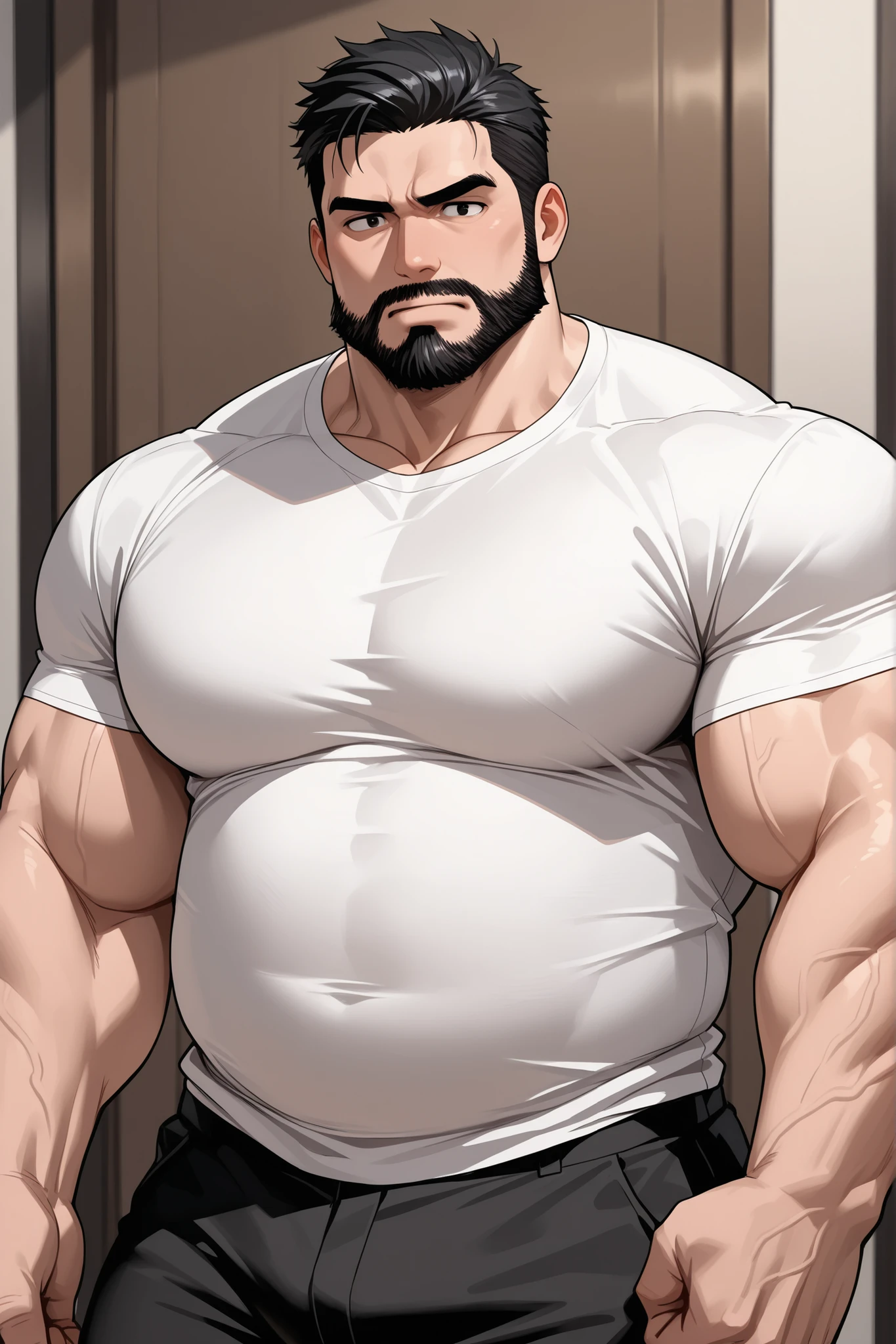 40 years old white Male, tall, giant body, handsome, dad bod, beefy, strong arms and legs, wide shoulders, a bit chubby muscle gut, a bit of fat but still very muscular, extremely hairy, short beard, wearing a black bathrobe with long sleeves, wearing a short black boxer brief, unrealistic oversized big bulge, barefoot, smirking, modern minimalist living room