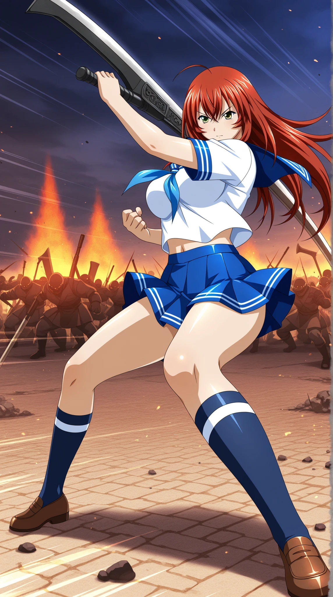 18 year old young girl, long haired redhead with blue eyes, Very short tight white shirt with bare shoulders, short blue denim shorts, SMILE, smiling, short brown boots with white, Kick al aire, Kick, soltando una Kick