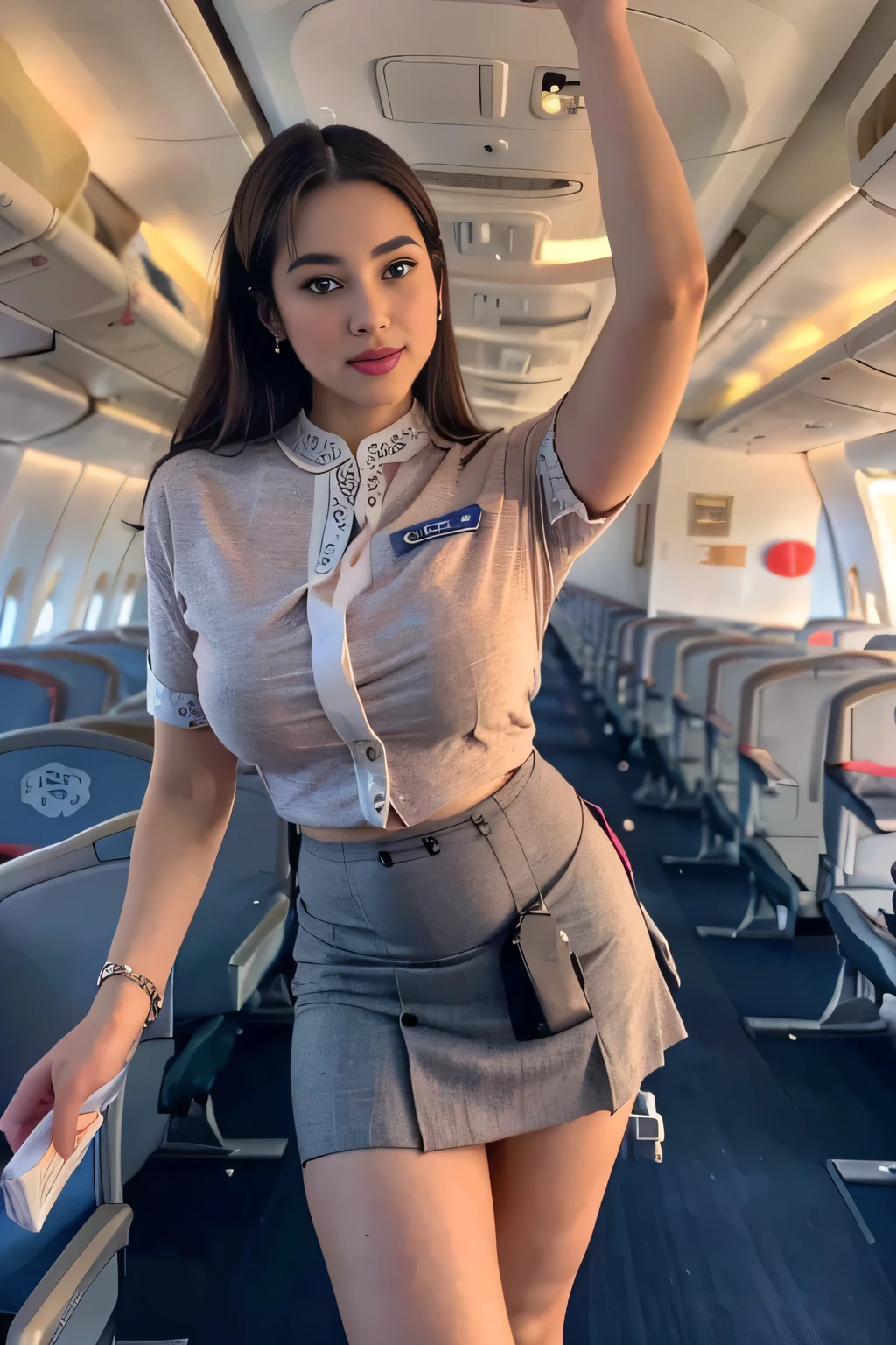 photo of stunning brasilian woman, flirty, Model, 25 years, sexual, stewardess, stewardess miniskirt and blouse with airline logo, long brunette windy волосы распущены, big earrings, provocative pose, perfect body, Beautiful, стою in the aircraft, Sensual look, (Best quality), (super detail), Better lighting, big breasts