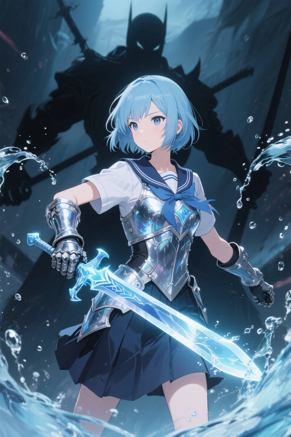 Blue hair, magical martial artist, beautiful girl, short stature, tumbleweed, bob cut, brutal gauntlets, overall otherworldly style