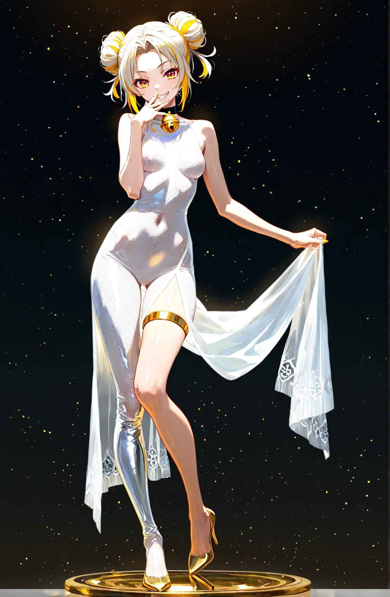 Masterpiece, a beautiful void goddess, full body white transparent clothes standing under empty night stars, disappearing transparent pants, full body standing, tall figure, slender legs, facial details, detailed body part details, 8k wallpaper