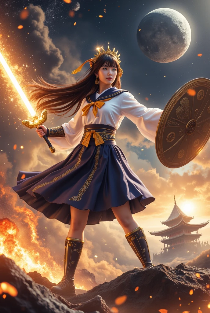 Chinese female swordsman，Wearing white Hanfu，Ancient Chinese Cold Weapon Sword 1.4，Put your feet on the glowing sword, You levitate over the forest，Skytop background of bustling city，Swirling cyan glow，Essence Immortal 1.5，Ultra-wide photo，Tyndall effect，Glow effect，Estilo de Makoto Shinkai，Optoelectronic style，Meticulous brushstrokes，Realistic pop music，New School Beast，Knolling，8K，Golden Tornado、Neatly arranged，Fantastic landscape, The light of the knife around the character