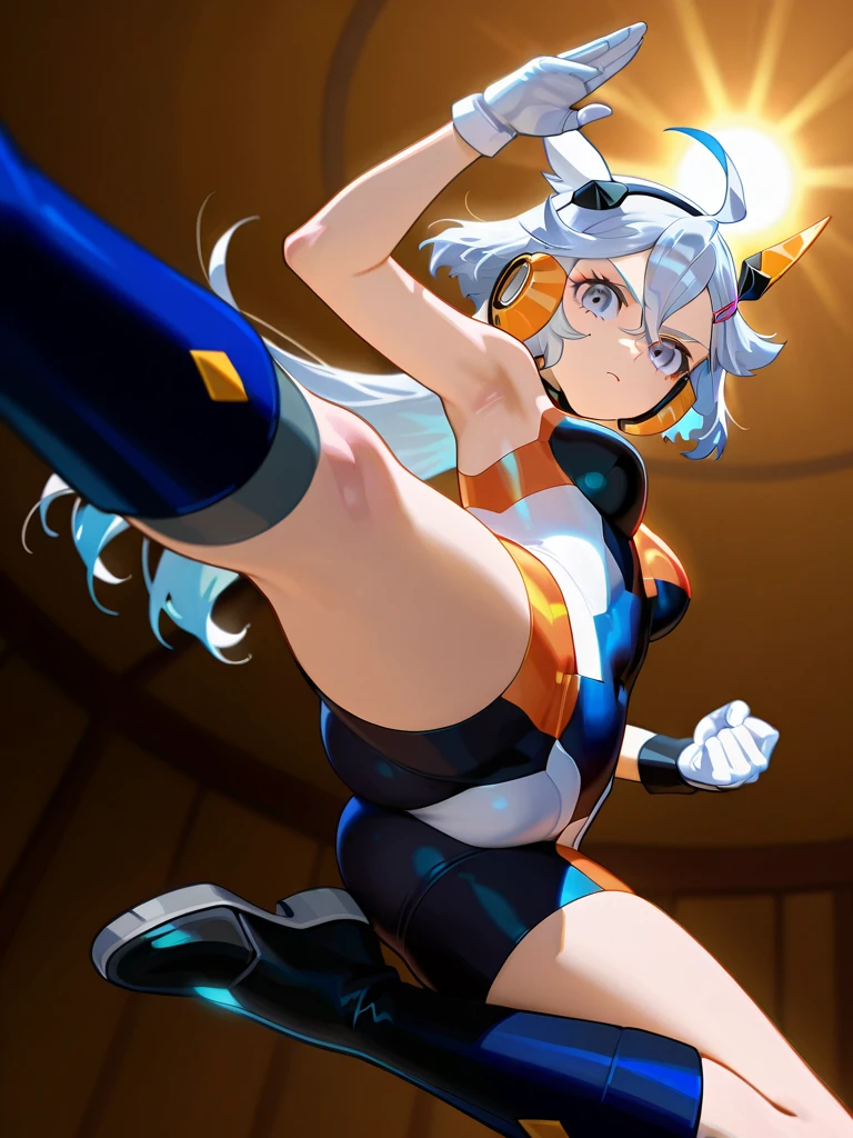 (masterpiece, highest quality, highest resolution, clear_image, Detailed details): (alone, lonely girl, Japanese face, Blue-haired girl, short hair, full body figure, small size breasts, Glowing blue colored eyes, White and blue pilot suit in metallic tones, black color, tight fitting clothes, clothes that cover the whole body, beauty, Because I'm slender, exoskeleton, knee boots, heroine, On your back, Thighs open from side to side, Arm-length gloves, headset)