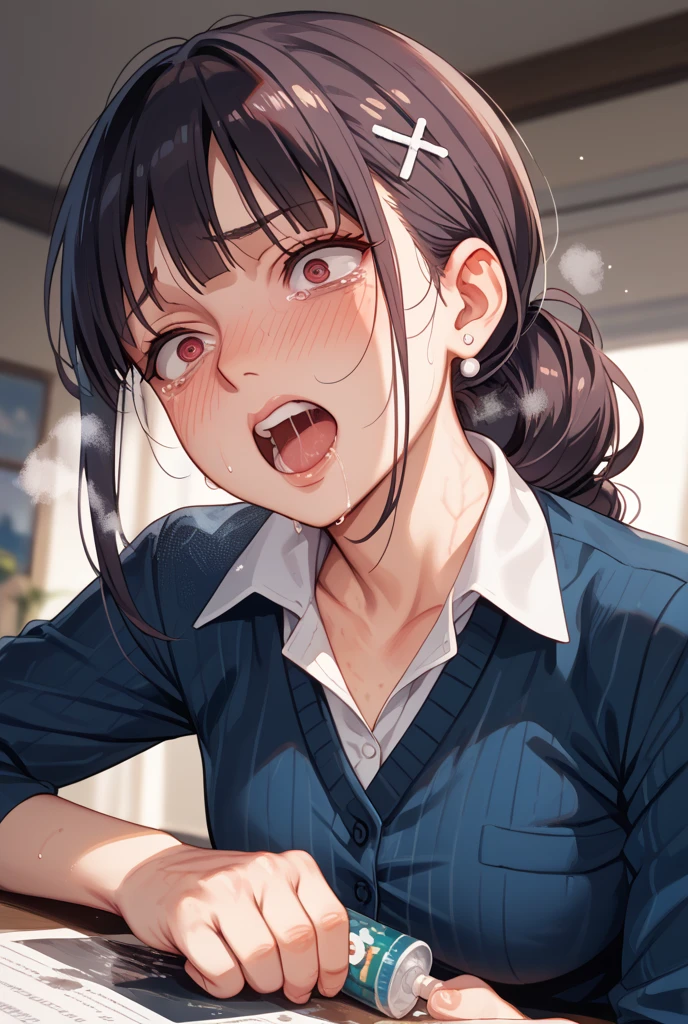(((middle aged woman))) , masterpiece , modern, Verism, masterpiece, super detail, best quality, 4K , A beautiful woman, black hair, long hair, She has his mouth wide open, showing a very surprised expression.
