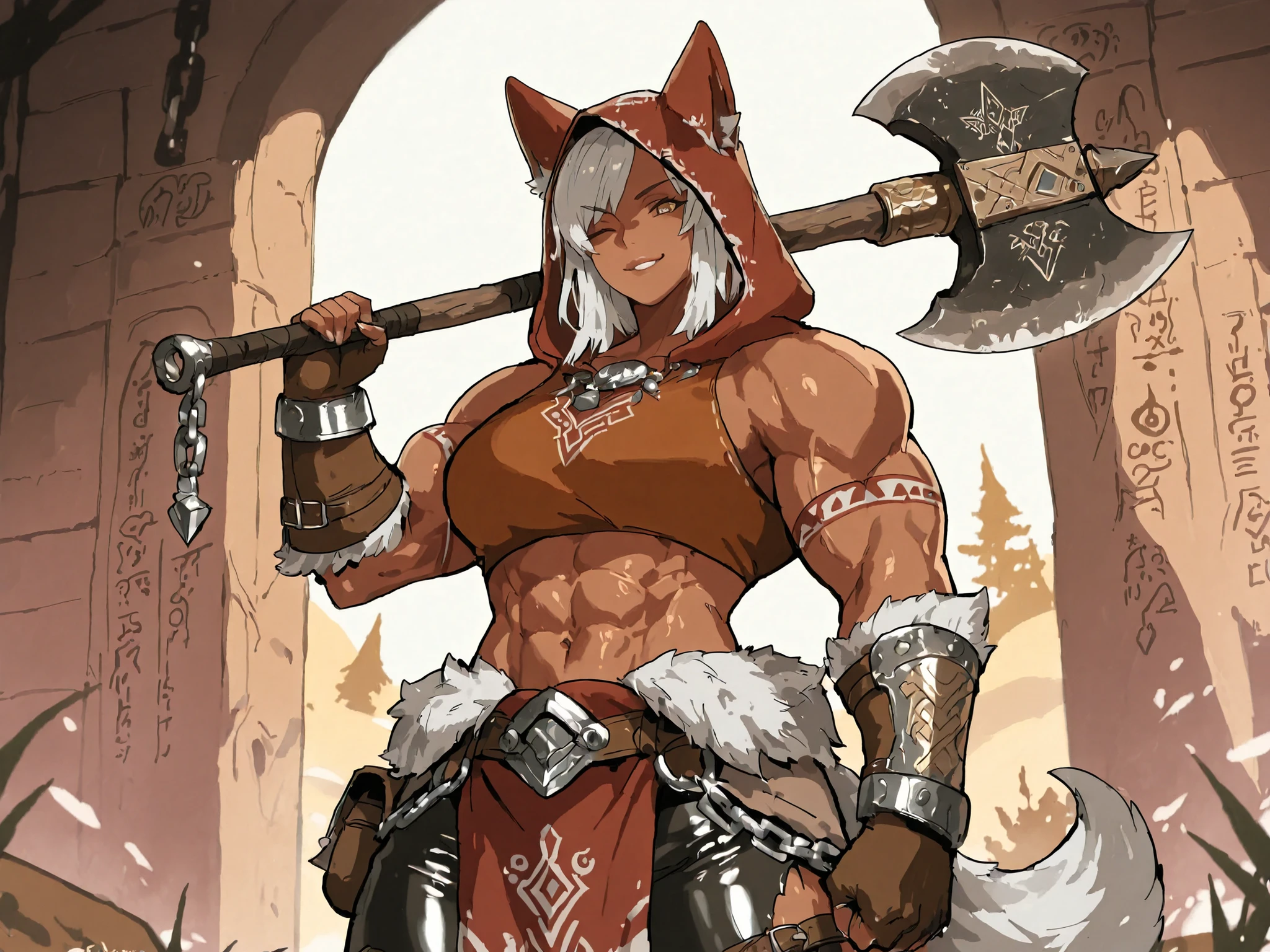 A strong, muscular warrior woman with a wolf-themed barbarian aesthetic poses confidently while holding a massive double-bladed axe over her shoulder. She has medium-dark skin and short, tousled gray hair with white highlights, and she’s wearing a hood with pointed wolf ears. Her expression is confident and slightly playful, winking with a smirk. Her eyes are golden and intense. She wears a fur-lined, sleeveless cropped top that reveals her well-defined abs and muscular arms. Around her neck is a chain, and her shoulders are covered with fur pelts adorned with large claw-like bones. Her gloves are fingerless and reinforced, with dark bracers and wrappings around her wrists. Around her waist, she has a wide belt with various loops and metal rings, a short sword sheathed at her side, and a decorated loincloth made of fur and leather strips. Her pants are torn and asymmetrical, showing muscular thighs wrapped in leather straps and protective gear. She also has a thick wolf tail attached to her belt or outfit, further enhancing the wild, primal aesthetic. The axe she holds is decorated with runes and symbols in gold, with tribal designs etched into the metal and a thick, sturdy handle. The character’s overall look combines fantasy, Norse, and tribal elements, exuding power, fierceness, and a touch of flirtatious charm. Background is simple and light beige, keeping the focus entirely on the character.