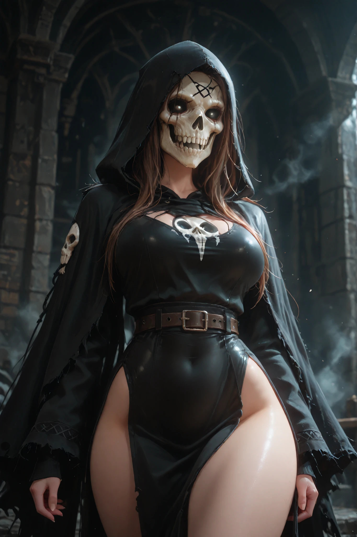 The grim reaper in female version, with a skull face, tight tunic marking a very sexy figure