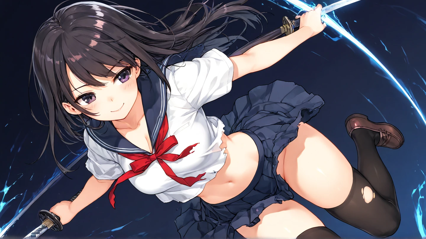 nsfw:1.2, Slashing action scene、((( highest quality:1.3,absurdres))),breasts up,1 beauty,solo,((very small head:1.4)),ponytail hair style,long hair,blunt bangs,black hair,glay eyes,Serious expression,blush,medium breasts,((very long body,slender body)),skinny,gleaming skin,shiny skin,   ,(High leg white leotard、Short sleeve、Navy blue sailor collar、Red neckerchief、white_thighhighs、１Holding a Japanese sword in his hand),    ,Fight monsters with a Japanese sword、Abandoned Factory, midnight, see through cloth:1.5, nude:1.2, ,x-ray vision, x-ray view:1.6,eyewear view:1.2, view through x-ray glasses:1.6,  nipples through clothes:1.5