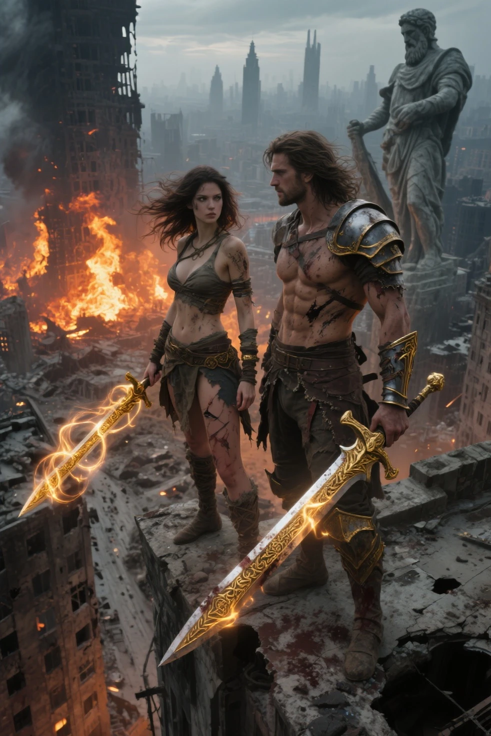The model is Conan《arnold schwarzenegger》which are close to。A wandering warrior of a human-like race called Ogres.。Her hair is a dark brunette with straight waves that reach her shoulders.。Eyes are sharp and grey。He is looking at us with a serious expression.。205cm tall and slender, but with a broad, muscular chest。 He has a great sword that is 160cm long and 25cm wide.。Ancient Relic God of Death and War Crest Necklace。Leather armor with studs。Metal and leather gauntlets。A large belt around his waist with three daggers。Sub-bag。Walking through the ancient city of Troy with three friends。