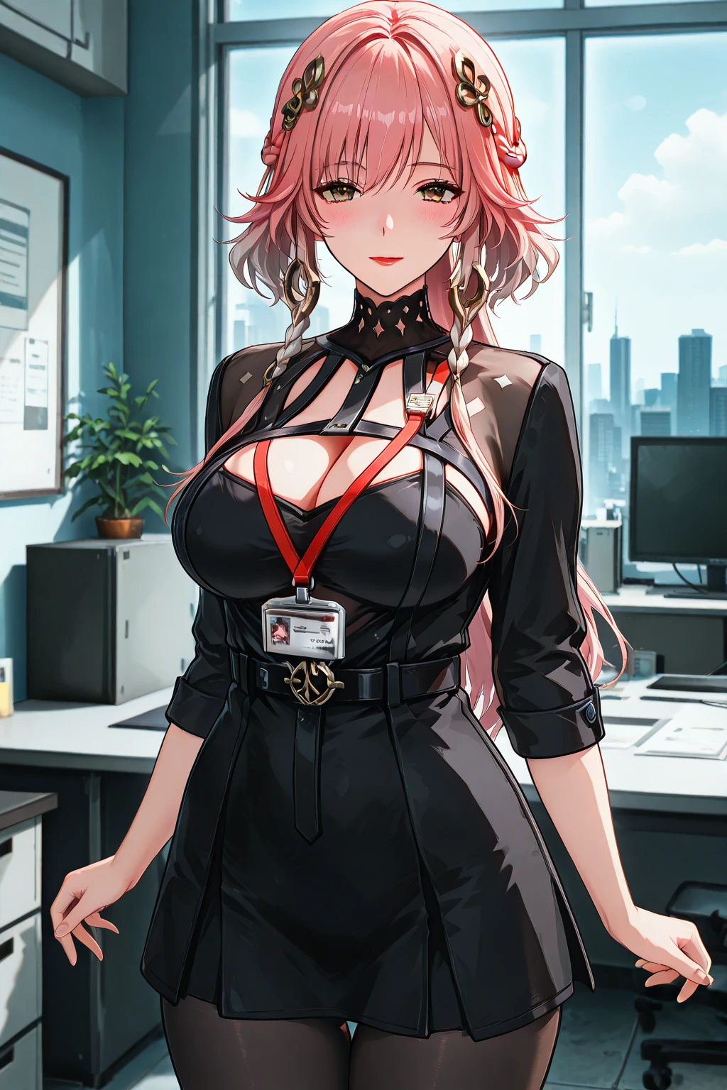 woman, green eyes, long red hair, bangs. she hair wavy. wear purple black dress, arrogant, independent woman, thug. bad girl. intimidating women. background in ballroom. mature woman. mafia.