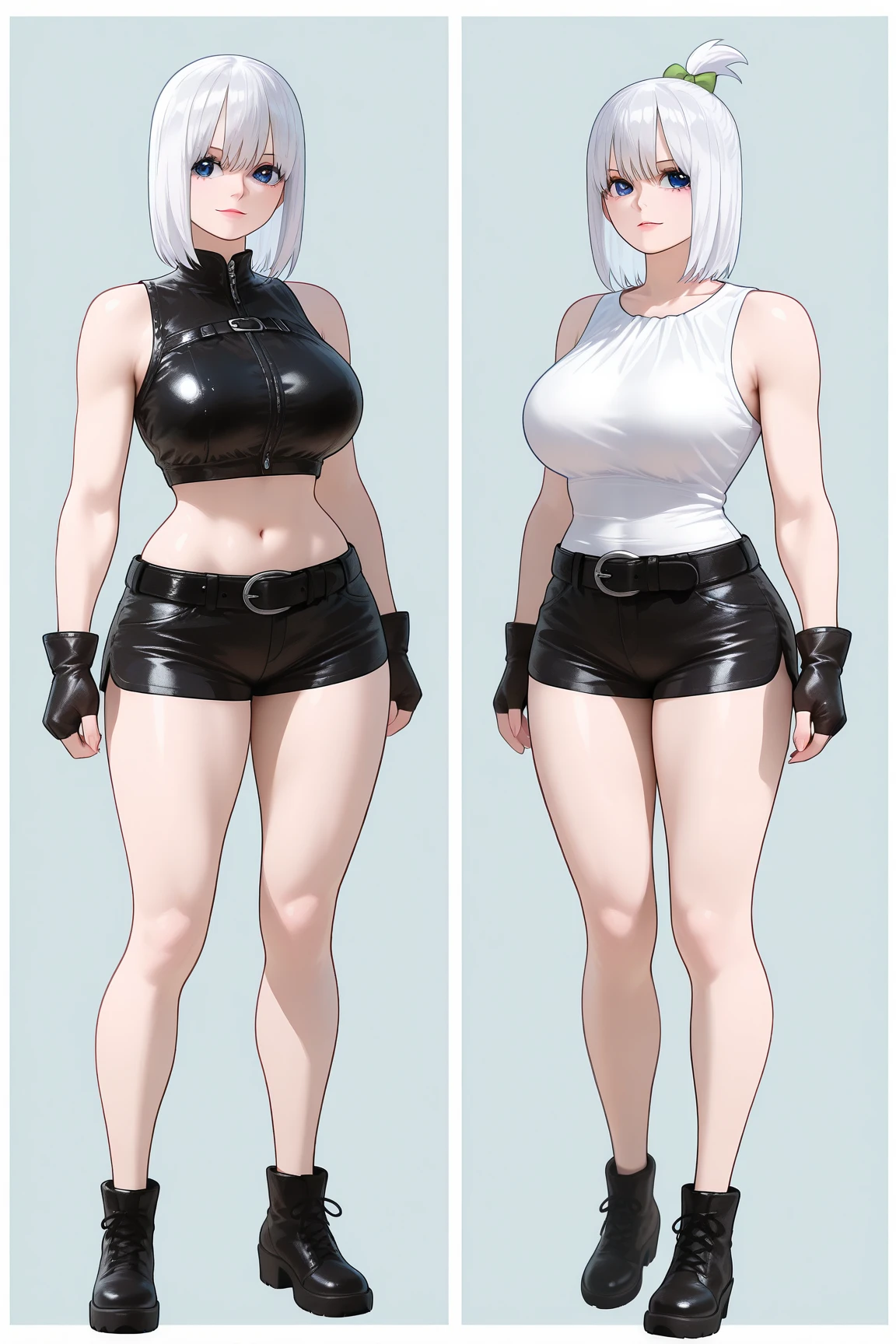 Best Quality, Masterpiece, High Resolution, 8K, (Realistic: 1.4), Ultra High Resolution, 1 Girl, Ultra Detailed, Surreal, Highly Detailed CG Illustration, Official Art, Cinematic Light, Reality, Young Beautiful Girl, Perfect Figure, Perfect Figure, Full View, Perfect Body, (Starting below: 1.3), Mask, Pose, Sexy Long Legs, Confident, Beautiful Sexy, Grey Short Sleeves, Open Abdomen, Black Super Shorts, S-shaped Body, Upturned Hips, Assuming, Posing, Different Perspectives