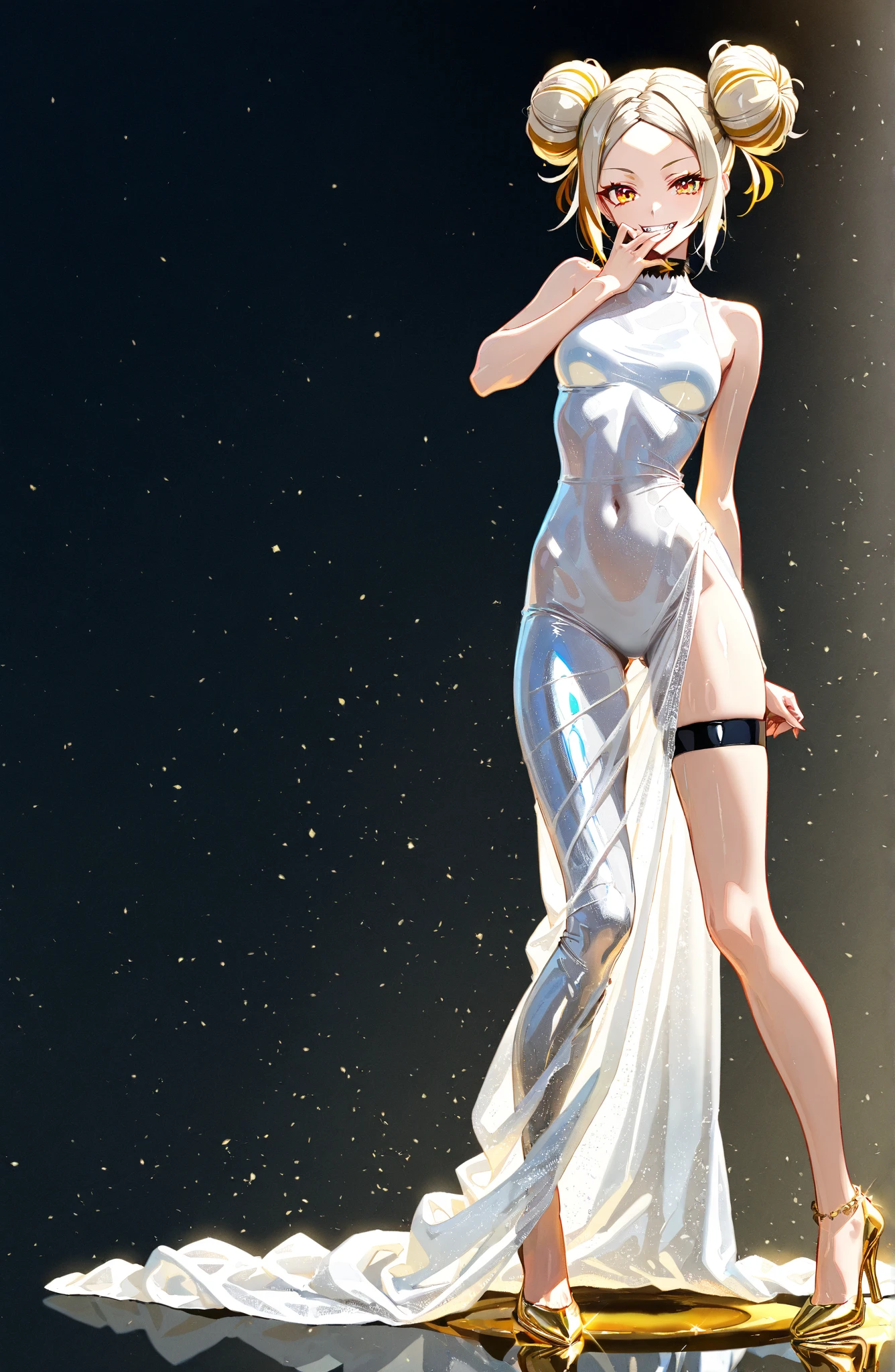 elongated thin body,Short torso, Shining transparent clothes with sequins, white colored hair, naked ass, in space, in full height