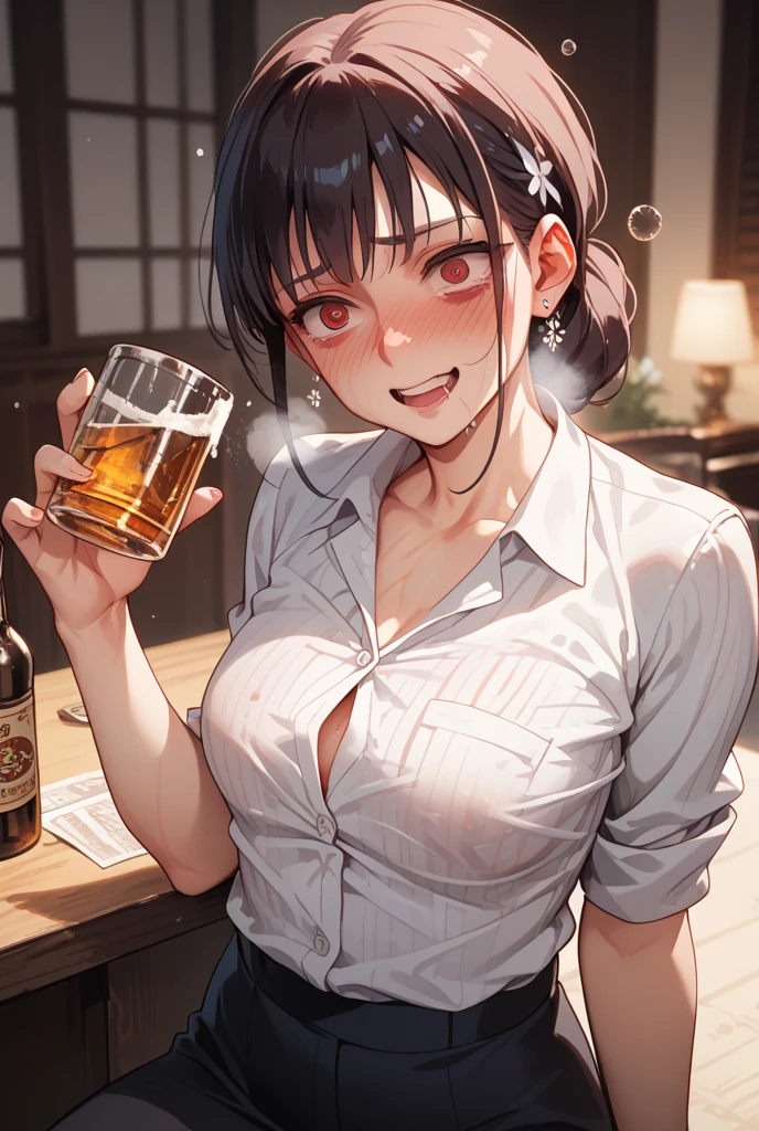 masterpiece, best quality, cowboy shot, mature woman, bob hairstyle, black hair, mature face, hot face, drunk, sharp eyes, medium breasts, curvy body, hazel eyes, unbuttoned white plain t-shirt, looking at viewer, very close to viewer, face to face, tough appearance, in the bar, holding beer, sitting across table
((looking drunk),