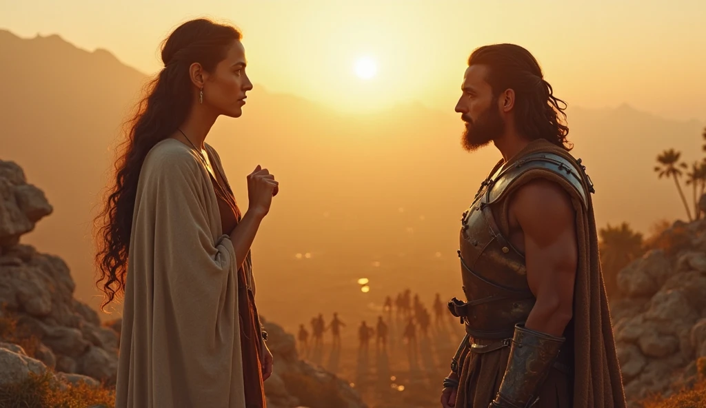Atenea and Perseo, a goddess assisting a hero in his quest, Ancient Greece, Atenea in armor standing beside Perseo who holds Medusa's head, a dark and foreboding cave in the background, medium shot, hyper-realistic, photo realism, cinematography --ar 9:16