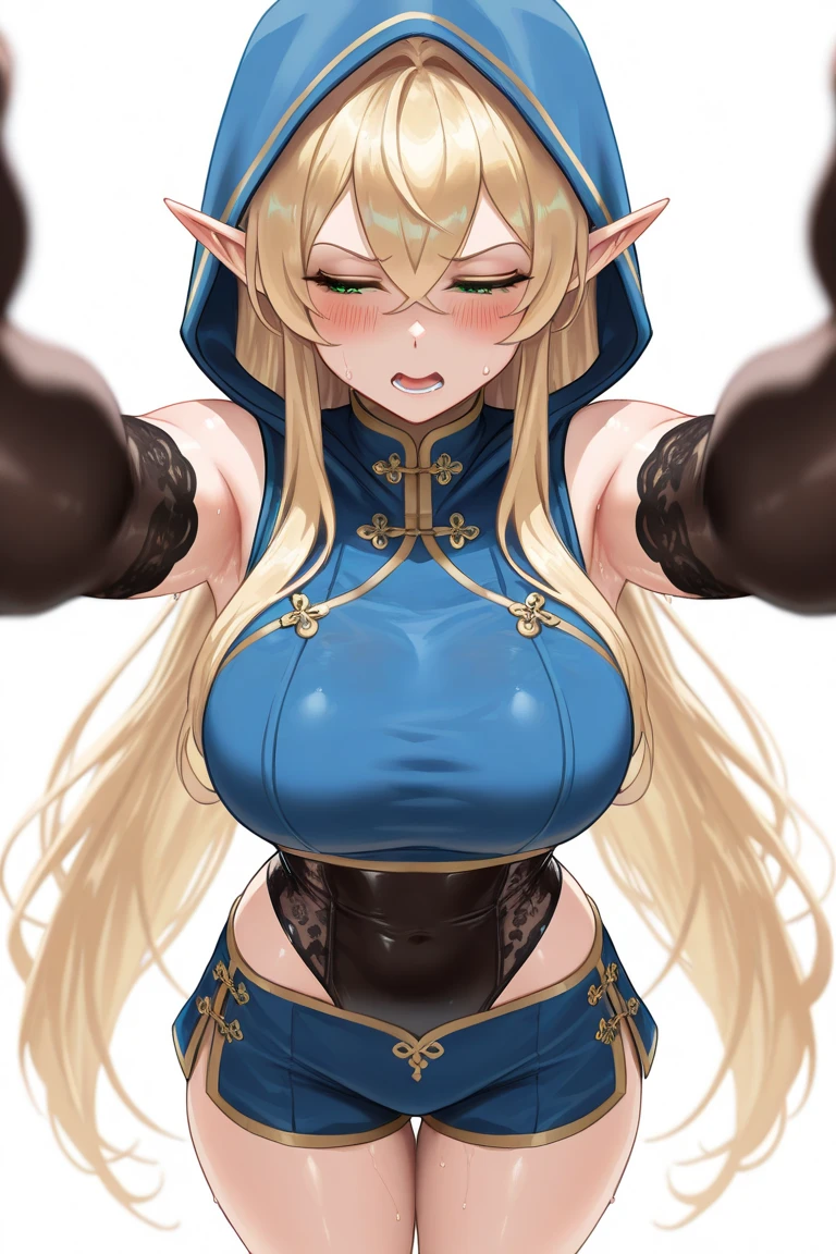 ((Highest quality, High resolution, detailed)), Faint lighting, elf girl, big boobs, blonde long hair, blue eyes, smiling, sexy pose