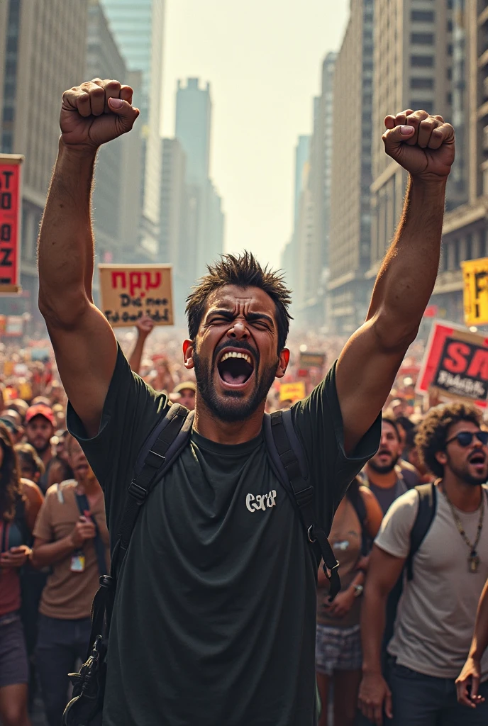 The beauty, strength and masculine power in images over time artistic style (Modernism and Contemporary) The Rebel Environment: Protest street, with banners and barricades.
pose: standing, on the front line, with a raised fist, mostrando una postura challenging.
action: Shouting slogans or confronting the police.
Expression: Enraged, challenging, with an intense look.
Physical Characteristics: slim and athletic body, expressive and determined face.