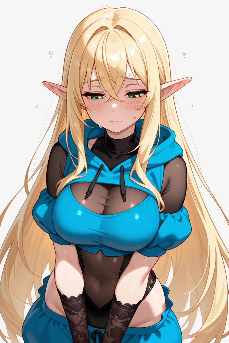 ((tanned elf girl))), (((best quality))), (((highres:1.1))), (((purple eyes))), (((long blonde hair))), (((breasts:1.2))), (((solo))), (blue cape adventurer:1.2)