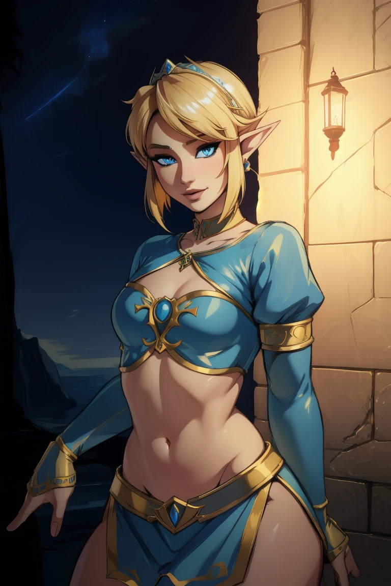 Woman, long wavy hair, braid, blue eyes, elf, sexy, happy, wearing pants, fighting position, sword