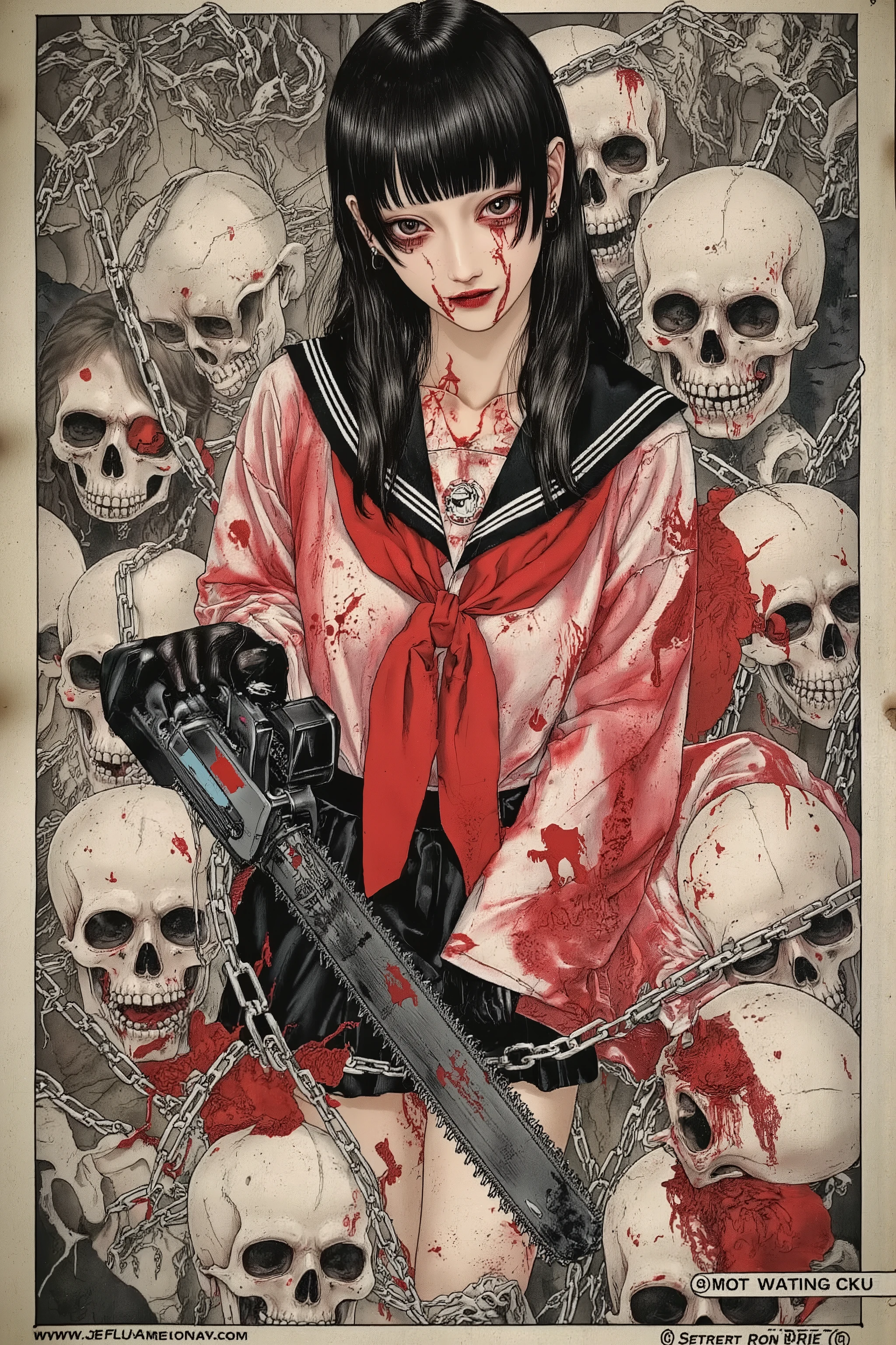 ((This is a vintage movie poster for the film "JK Chainsaw":1.5)),1960's poster,as she wields a chainsaw,blood on face,blood splatter,1 アンドロジナス,Alone,美しい顔,釣り目,黒 hair,long hair,ボブカット,crazy grin,heavy make up,open mouth,blood on mouth,((wearing Japanese school 黒 sailor uniform with mini 黒 skirt, 赤 ribbon,長袖)),chain and skulls background, Anatomically correct,黒,金,赤,スカーレット,artist photoshoot,劇的なキアロスクーロの照明 , 神秘的な雰囲気,gore,ホラー,不気味な,エロティック,american comic,(ビビッドカラー:1.5),鋭い線, ダイナミックなポーズ,詳細画像,