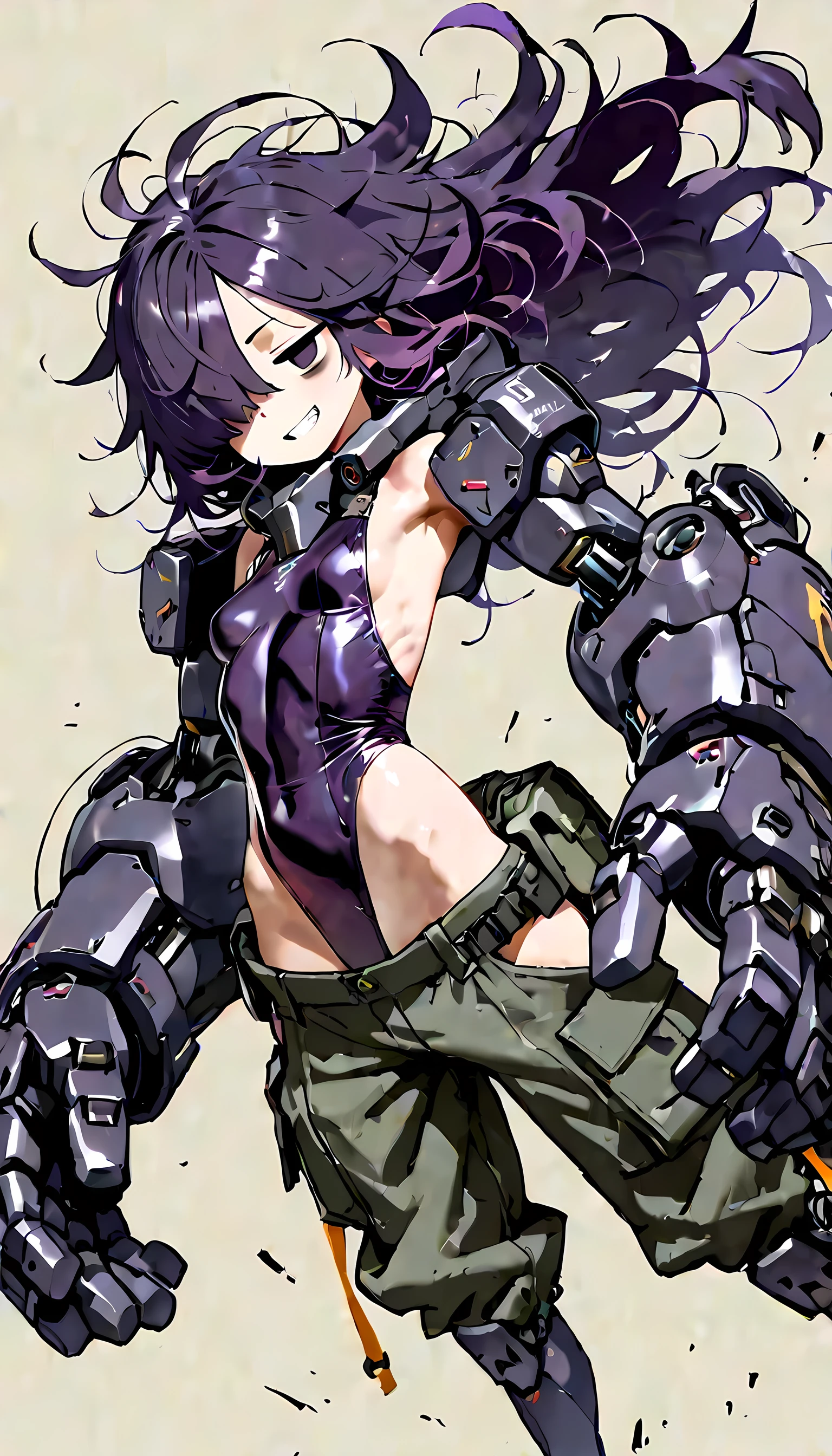 angry scream, Open mouth, young girl, Pullover, whole body to see, ponytail hair, very wide hips, very huge thighs, very big thighs, fullbody, platform heels, pale skin, very Big breast, high cut leotard, firm breast, black hair, thin waist, sleeveless, gun, neko girl, cat ears, cat tail, muscular girl fit girl, abs, standing, front pose, cyberpunk, black lipstick,