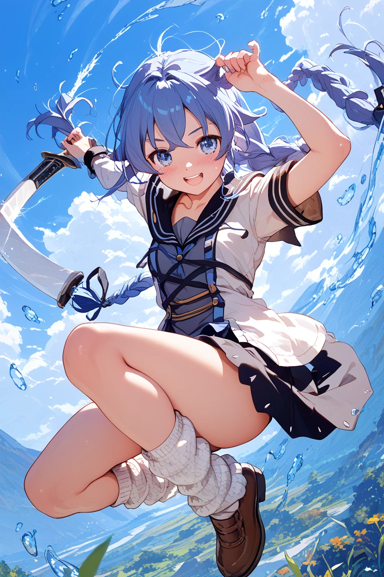 18-year-old,shiny navy hair,short hair,Parted bangs,Yellow Eyes,Large Breasts,Small waist,Big Ass,,A feminine and soft figure, , See-through sailor suit,Navy blue mini skirt,Black underwear, ,Japanese sword,Covered in body fluids,Japanese swordの墓場,