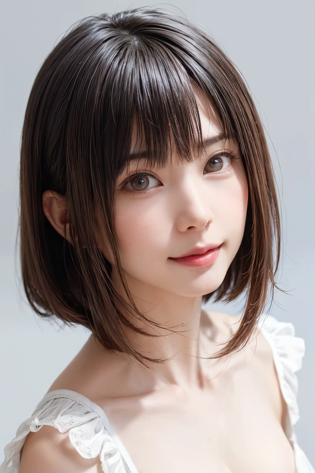 1 girl, alone, Shiny skin, chest, very detaileded, ultra detaileded, Ultra-high resolution, whole body, (Photorealism:1.4), (highest quality), (Best Shadow), Ulzzang-6500, detailed, Perfect lighting, Black Hair, ((Showpiece, highest quality, High precision)), One Girl, (big chest, Realistic: 1.4), (look up at the camera even a little, カメラをlook up, look up, look up at the camera, Looking into the camera))), alone, , White Background, snow-White Background, shut up., smile, pretty Black Hair, short hair:1.6, Big eyes, Transparent double eyelids, eyelash, listen, Long neck, Long neck, Absolute area, ((Face close-up, short hair with bangs)), 19 years old, Attractive proportions, Shiny skin, Beautiful clavicle, Golden ratio face, Perfect Face, Teardrop-shaped mole, chestのほくろ, bangs, clean bangs, beautiful bangs, Lip gloss, Thin lips, White skin, I took off my clothes, big chest, Small face, Small face, 少し上を向いてLooking into the camera, ((smile a little for the camera, really nothing pure White Background, Listen carefully、very big big chest, big chest、Dynamic Angle))