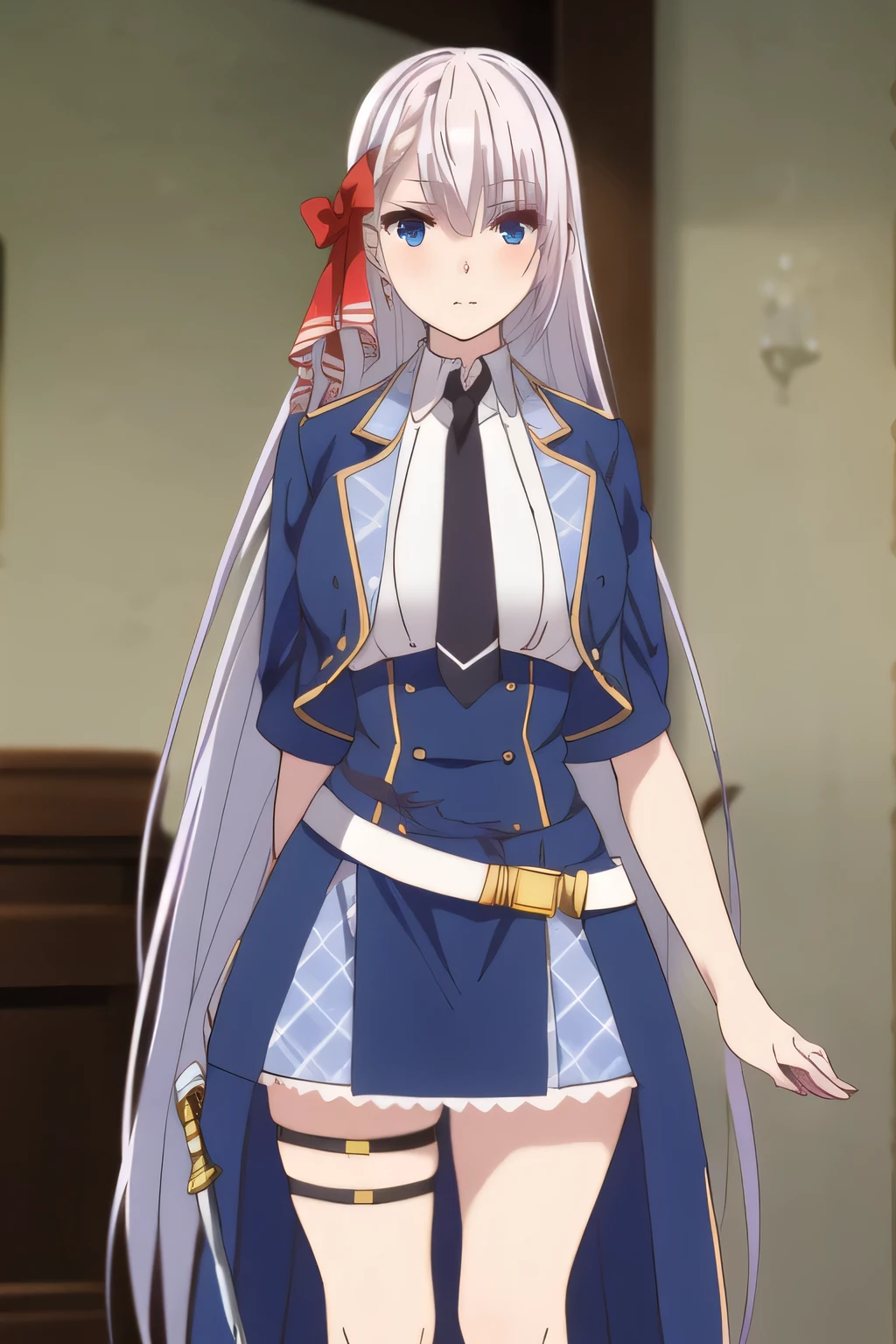Woman with long silver hair，Woman holding a sword，face is absolutely necessary，big ，big でもウエストが細い，please express the hands and legs accurately, ,   Big breasts, thin waist ， ,   ，