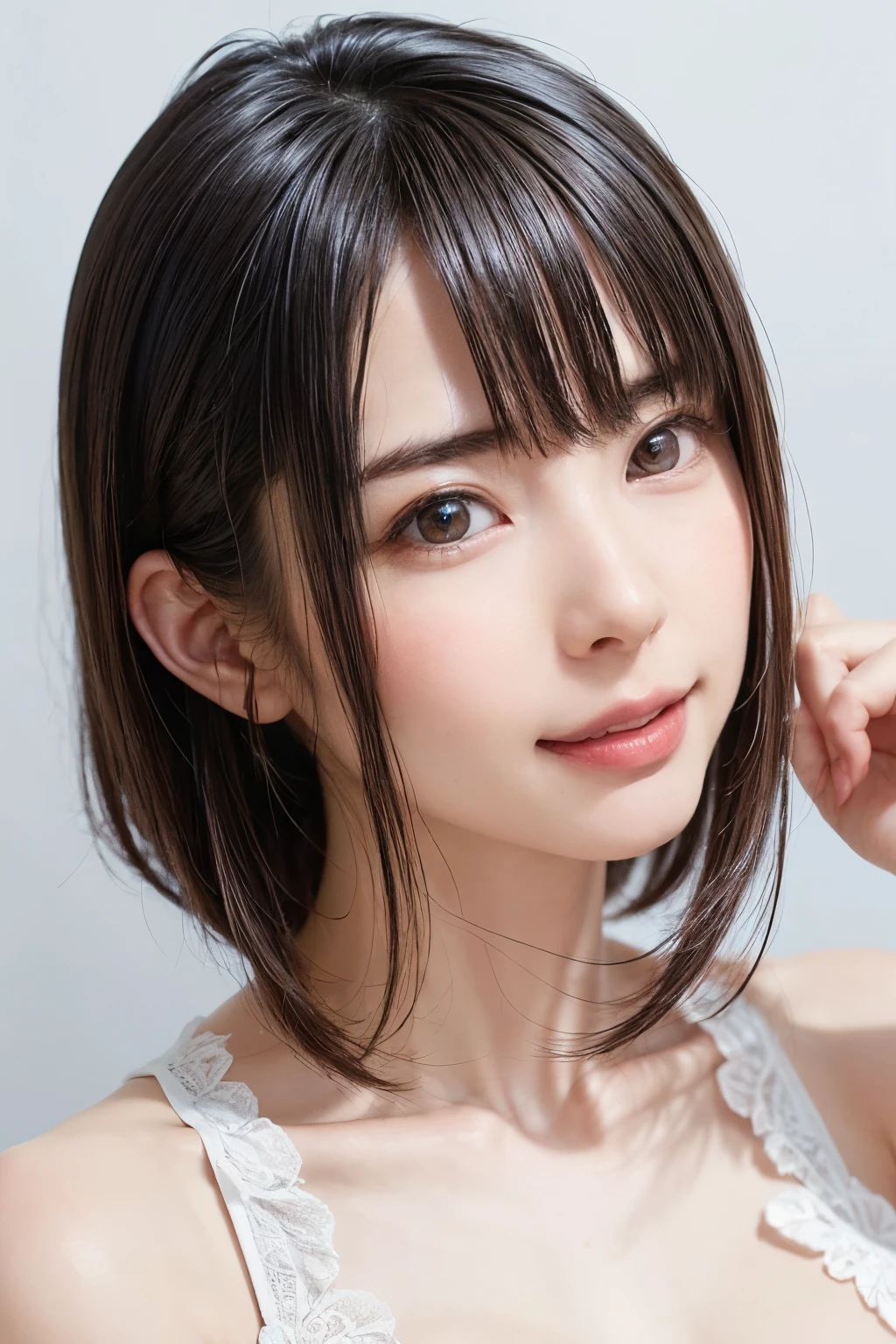 1 girl, alone, Beautiful Skin, very detaileded, ultra detaileded, Ultra-high resolution, (Photorealism:1.4), (highest quality), (Best Shadow), detailed, Perfect lighting, Black Hair, ((Showpiece, highest quality, High precision)), One Girl, (Realistic: 1.4), (look up at the camera even a little, カメラをlook up, look up, look up at the camera, Looking into the camera))), alone, White Background, snow-White Background, shut up., smile, pretty Black Hair, short hair:1.6, Big eyes, Beautiful double eyelids, eyelash, listen, Long neck, 美しいLong neck, Absolute area, ((Face close-up, short hair with bangs、Short Bob Hair:1.5、Off the shoulder)), 19 years old, Attractive proportions, Shiny skin, Beautiful clavicle, Golden ratio face, Perfect Face, Teardrop-shaped mole, Mole on chest, bangs, clean bangs, beautiful bangs, Lip gloss, Thin lips, White skin, I took off my clothes, Small face, Small face, 少し上を向いてLooking into the camera, ((smile a little for the camera, really nothing pure White Background, Listen carefully, big 胸、Dynamic Angle:1.5、Safe for Work:2))