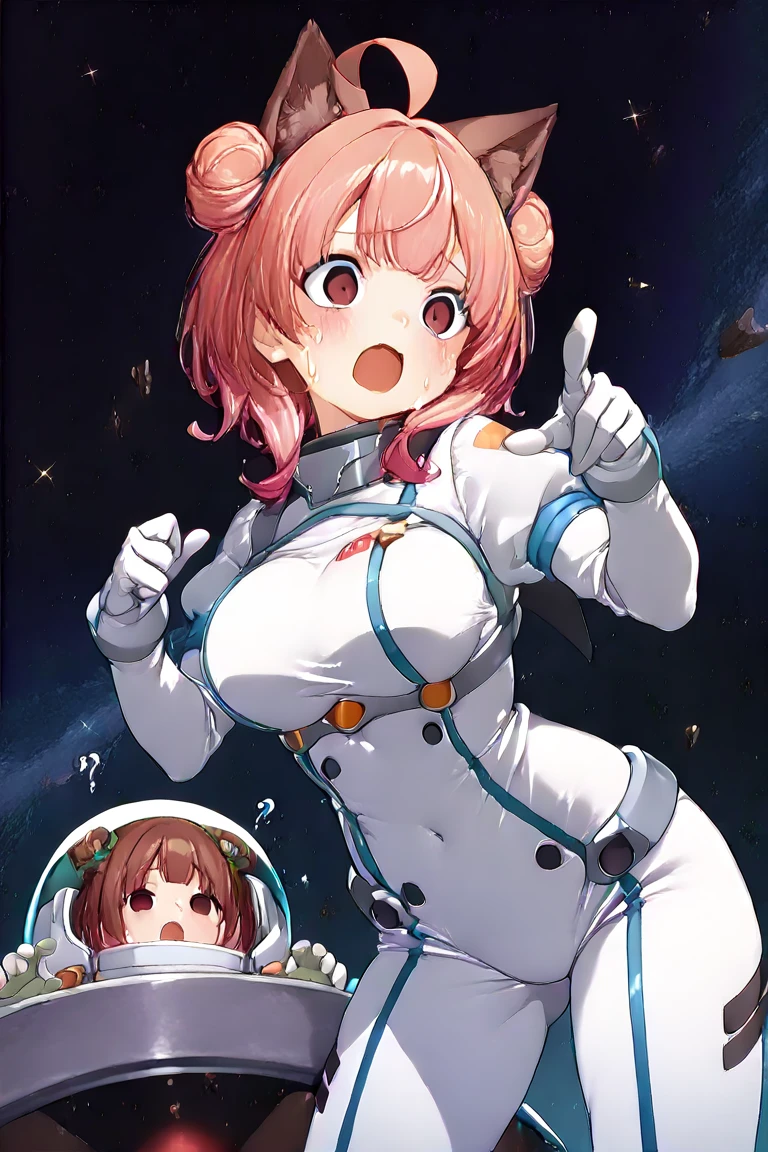 hiquality、16 K、((huge-breasted))、(thick thight)、(Brown-eyed)、(Brown hair)、(Brown hair)、(Short hair, bob cut hair、Straight hair),((Forehead))、(Sweat)、((:D))、((nipple bulge))、((white leotard))、((light blue decoration))、White Gloves、White knee socks、((White Hair Clip))、Electronic space、(((Chibi)))、spreading legs、Surprised、Squatting