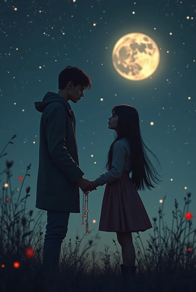 masterpiece, highest quality, Highest image quality, High resolution, photo realistic, Raw photo, full body photo, (night, giant Moon in the sky :1.4, outdoor, boy and girl, boy talking to girls:1.5, boy and girl holding both hands)