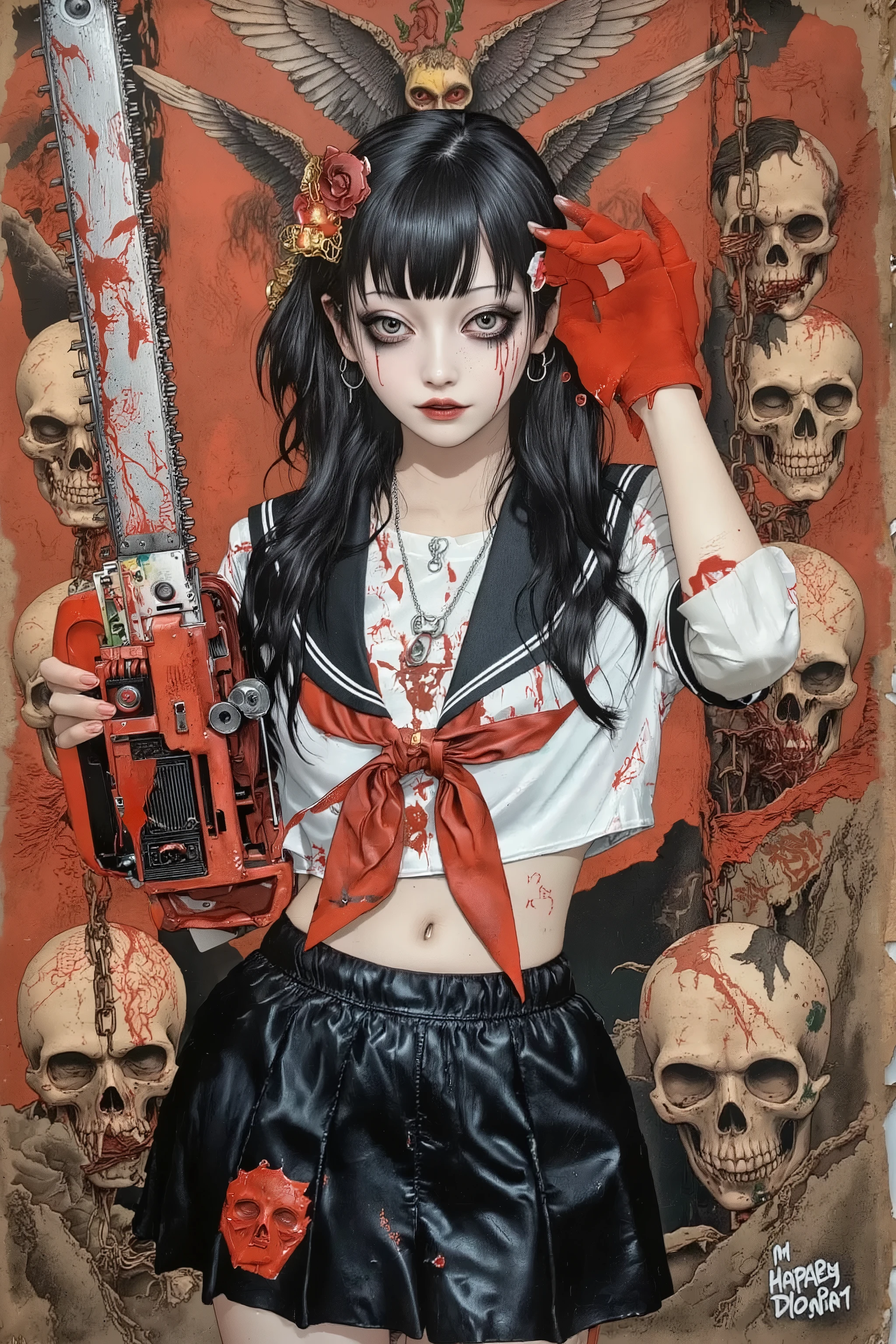 ((This is a vintage movie poster for the film "JK Chainsaw":1.5)),1960's poster,as she wields a chainsaw,blood on face,blood splatter,1 アンドロジナス,Alone,wearing gusmask,釣り目,黒 hair,long hair,ボブカット,crazy grin,heavy make up,open mouth,blood on mouth,((wearing Japanese school 黒 sailor uniform with mini 黒 skirt, 赤 ribbon,長袖)),chain and skulls background, Anatomically correct,黒,金,赤,スカーレット,artist photoshoot,劇的なキアロスクーロの照明 , 神秘的な雰囲気,gore,ホラー,不気味な,エロティック,american comic,(ビビッドカラー:1.5),鋭い線, ダイナミックなポーズ,詳細画像,semi realistic image