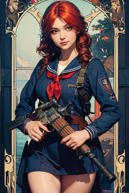 (masterpiece, best quality, highres, high resolution:1.2), extremely detailed, intricate details, 1girl, solo, looking at viewer, <lora:NikkeProfile:1> IncrsNikkeProfile, full body, zoom layer, holding weapon, holding gun, one knee, <lora:fastfood_wendys-10:0.8> ffwendys, freckles, twin braids, hair bow, striped dress, striped sleeves, puffy sleeves, striped thighhighs, (cinematic lighting, bloom, volumetric),