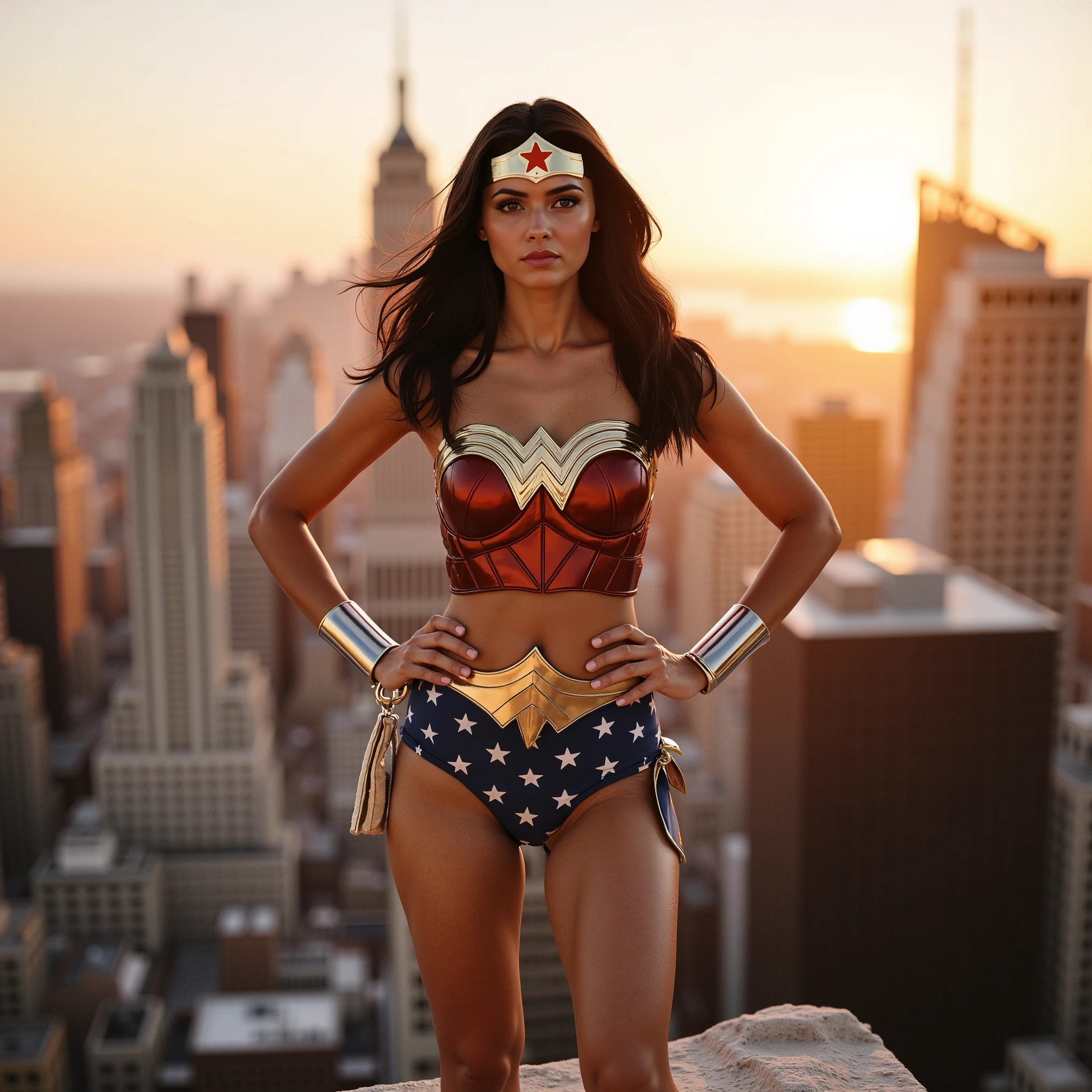 Wonder Woman in her classic 1975 Lynda Carter costume, standing confidently atop a tall city building at sunset. She wears the iconic star-spangled blue shorts, red strapless bustier with golden eagle emblem, and a golden tiara with a red star — all with a slight vintage texture, resembling high-quality fabric and leather under warm sunlight. Her long dark hair flows gently in the wind, and she poses heroically with hands on hips or gazing toward the horizon. The cityscape behind her blurs softly with a cinematic bokeh effect — lights beginning to glow in the dusk. Golden hour ambiance with warm, directional lighting, creating dramatic shadows and a nostalgic atmosphere. Photorealistic details, smooth skin tones, reflective highlights on her metallic accessories. Cinematic realism, slightly grainy film aesthetic, like a movie still from a 70s superhero film reimagined with modern visuals."
--v 5 --ar 21:9 --style cinematic realism --q 2 --bokeh --light golden hour --camera angle low-angle heroic --details photoreal --film grain subtle --lens anamorphic