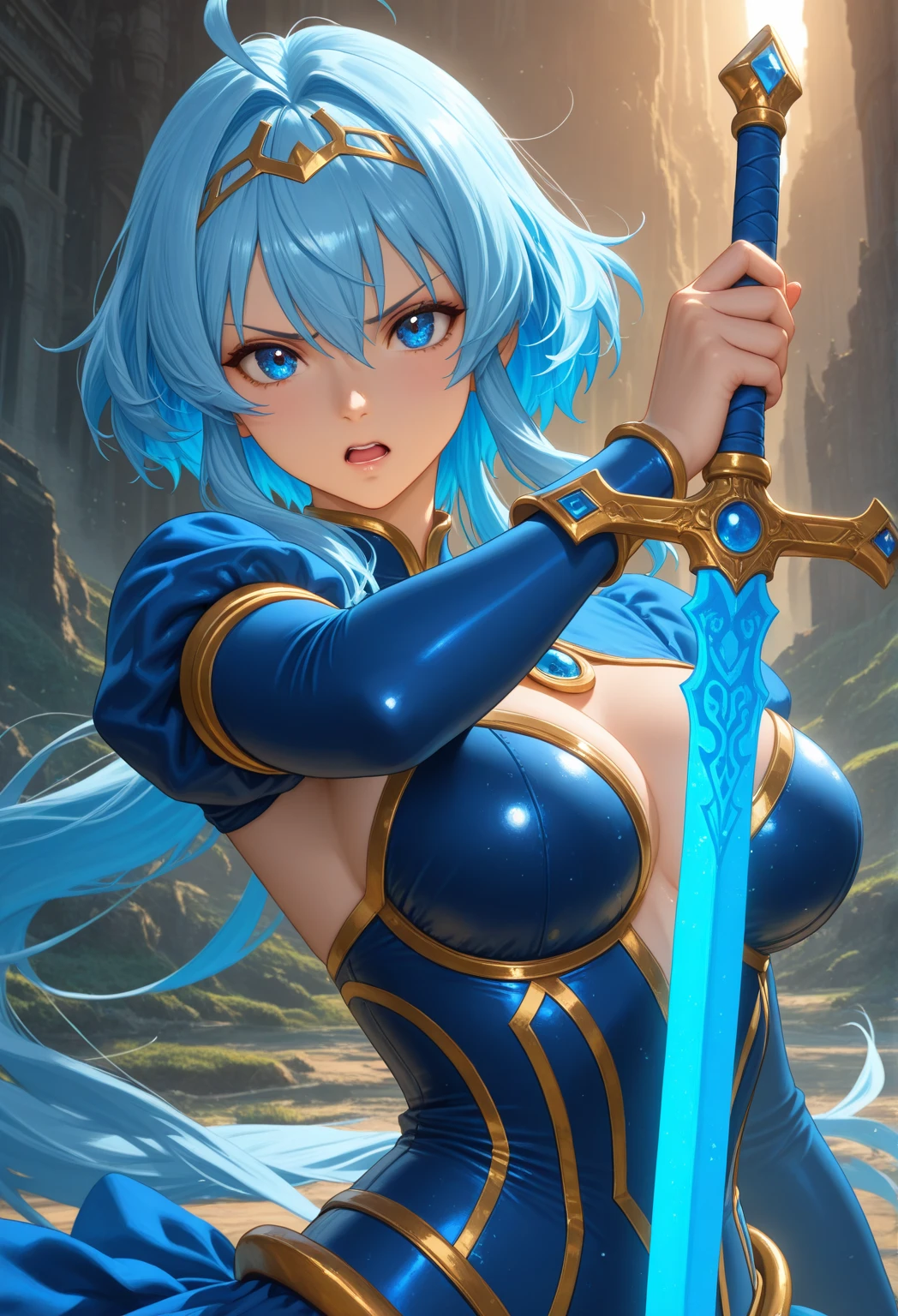 ultra detailed complex 3D rendering of a beautiful anime character, beautiful soft studio light, rim light, vibrant details,luxurious, lace, hyper-realistic, blue hair, showing intimate parts with ultra realism medieval world, holding a sword