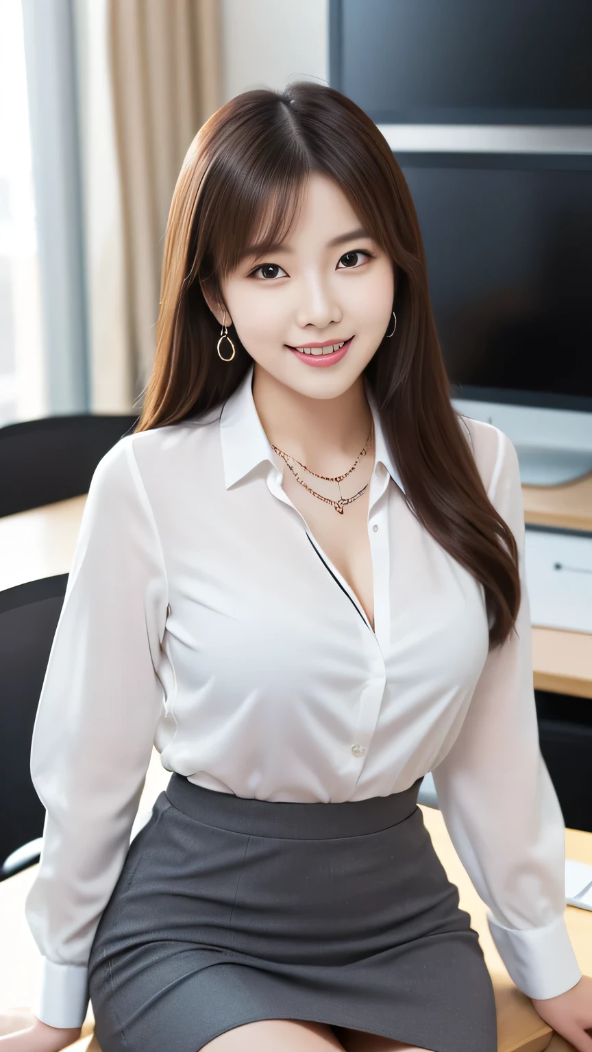 cowboy shot, masterpiece, top quality, high resolution, HDR, 8k, very beautiful Japanese girl in casual office shirt, black hair, bangs, ((big breasts)), concentrated face, smile, happy, random pose, perfect
