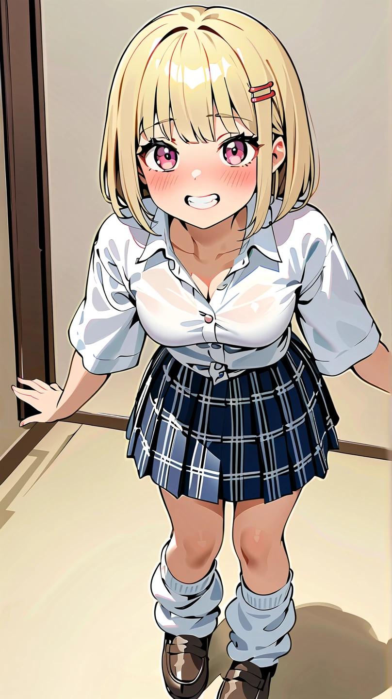 Generate an image of Honami Mochizuki from Project Sekai. She is a high school student with long, straight hair in a blonde color.,with a slight curl. Her side hair is shorter and also slightly curled. She has straight-cut bangs, that frame her forehead. Often, has big, gentle red eyes and a warm, friendly expression. blunt bangs,nsfw,steam,small breasts,sweat,1girl,Gradient with pink tips,close to viewer,full body,gray skirt,navy highsox,Selfie,camisole lift,from below,show off nipple
