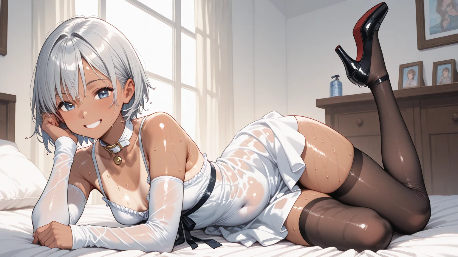 ultra realistic 8k cg, picture-perfect face, flawless, clean, masterpiece, professional artwork, famous artwork, perfect face, beautiful face, beautiful eyes, ((perfect female body)),large breasts, solo,
,skirt,,blush,seductive expression,extremely detailed_eyes,thick thighs,room,((white hair)), short hair,
beautifully detailed background,depth of field,,bdsm,skindentation,full body,shirt,
pantyhose,