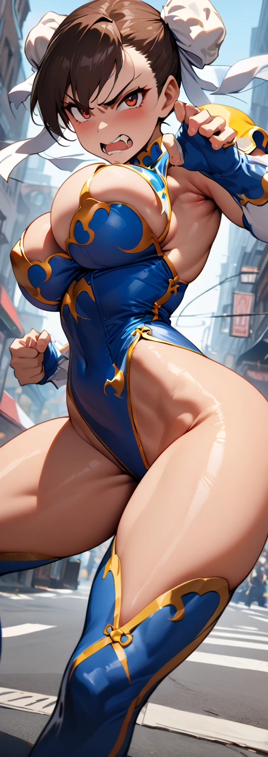 Street fighter chun li smiling, showing ass, half naked.(((half naked))) city background, white boots.