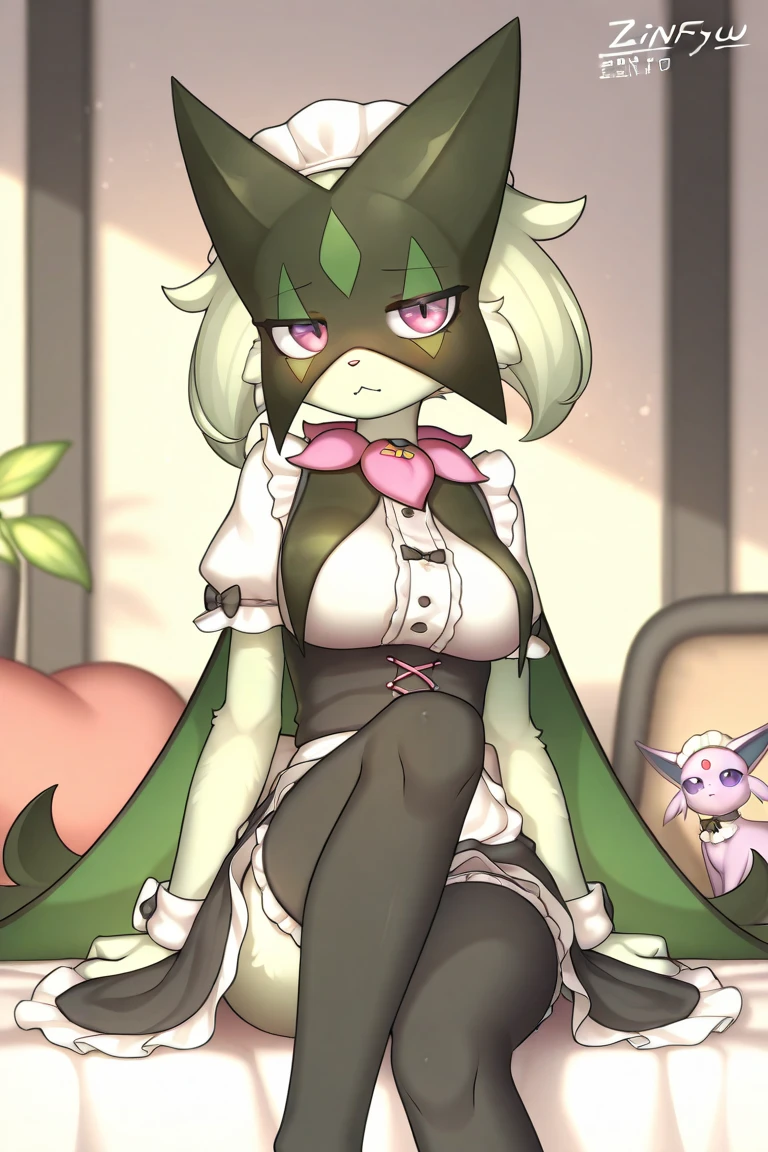 Meisterwerk, bester_Quality, 1girls, nur, Bewachen, Pokemon \(creature\), green hair, Rote Augen, maid dress, Villa