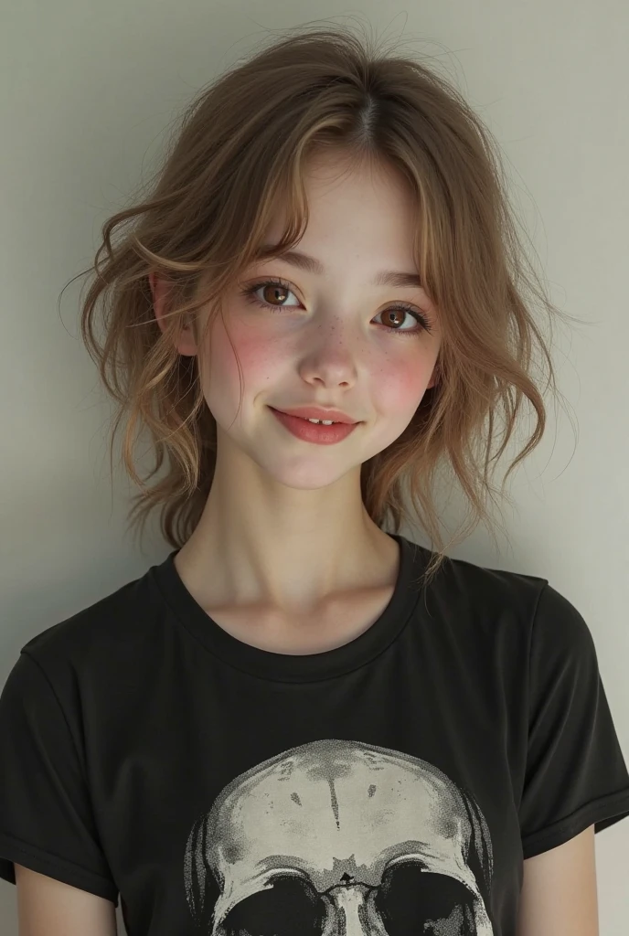 Smiling redhead girl, green eyes, very cute, baby face, curly hair