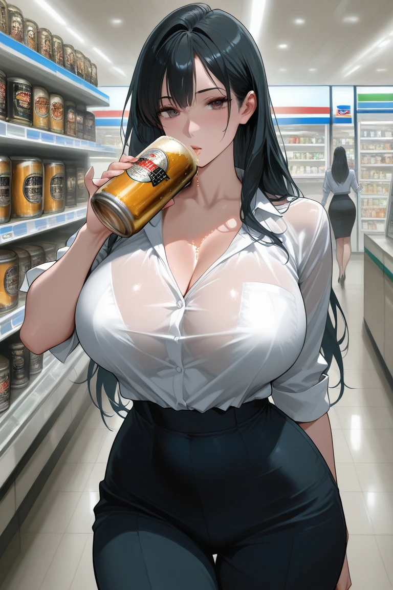mature Beauty in casual wears at midnight convenience store, standing with beer can