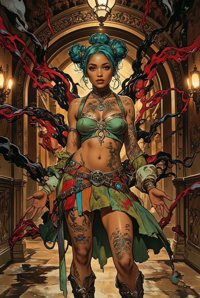 (masterpiece, best_quality, ultra-detailed, immaculate:1.3), epic, illustration, 1girl, bust, malevolent goddess, (intricate tattoos:1.3), , (Chandelier made of bones:1.3),At the pinnacle of a dark, twisted tower, on an abstract background, bombshell hair, auburn hair, twin braids, forehead-to-forehead <lora:cutemix5:1>